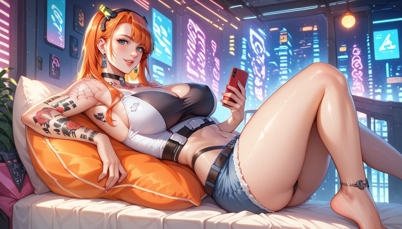 Draw a manga-style character with a physical appearance with this shape of Orange hair with black highlights, tied in two ponytails shaped like jaws, reference Mawile de Pokémon, ojos rosados, brillante, and expressive and with a slim and athletic build.., Atuendo Upper Body Chaqueta de cuero blanca con detalles cyberpunk, such as integrated LED lights or futuristic lines, Bikini deportivo Lower Body en naranja, blanco, y colores negros, fusing with the cyberpunk style and at the same time allowing freedom of movement for physical activities, Personality Creative and curious Always looking for new experiences and forms of expression.., Su mente creativa la impulsa a explorar constantemente nuevas ideas y conceptos, longitud largo del cabello, muchos tatuajes corporales