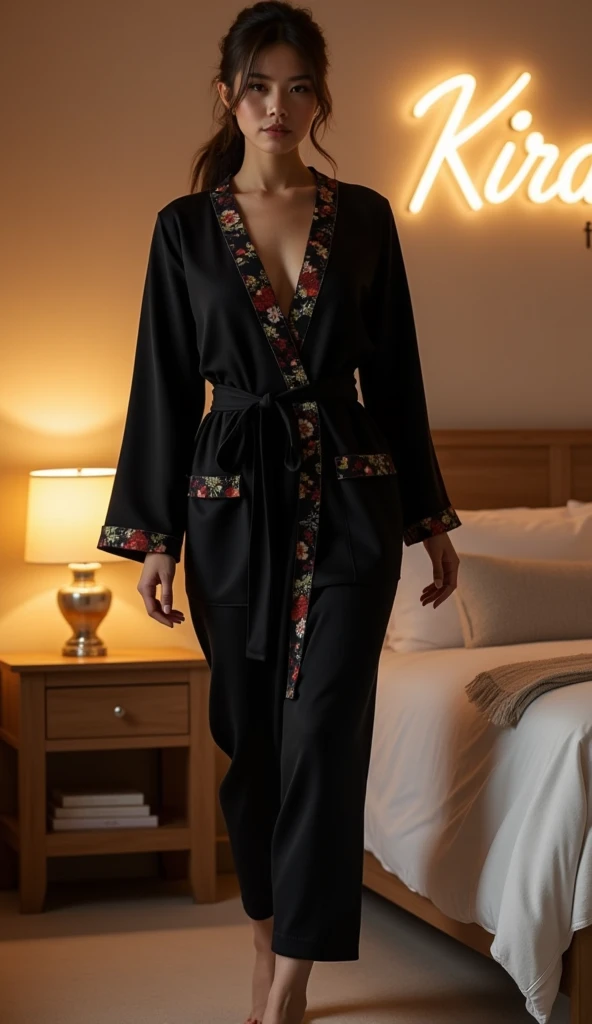 "A short, fitted black lace kimono dress with a bright red obi belt and delicate floral lace. The dress has a V-neckline and long sleeves with lace.. The obi belt is adorned with a gold detail."