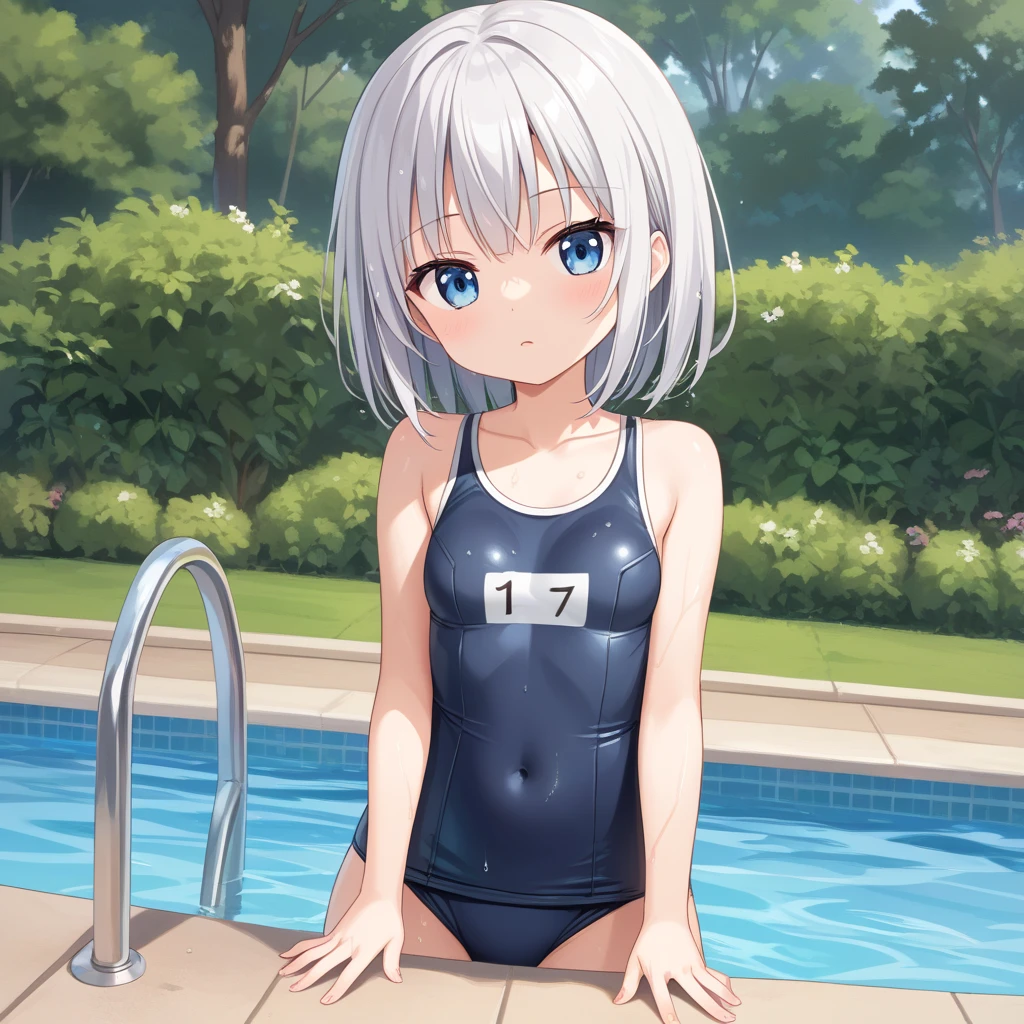(((((whole body)))))、Youmu,Navy blue one-piece school swimsuit 、smile,、Cowboy Shot、Sitting on the floor、With legs apart、Simple Background、