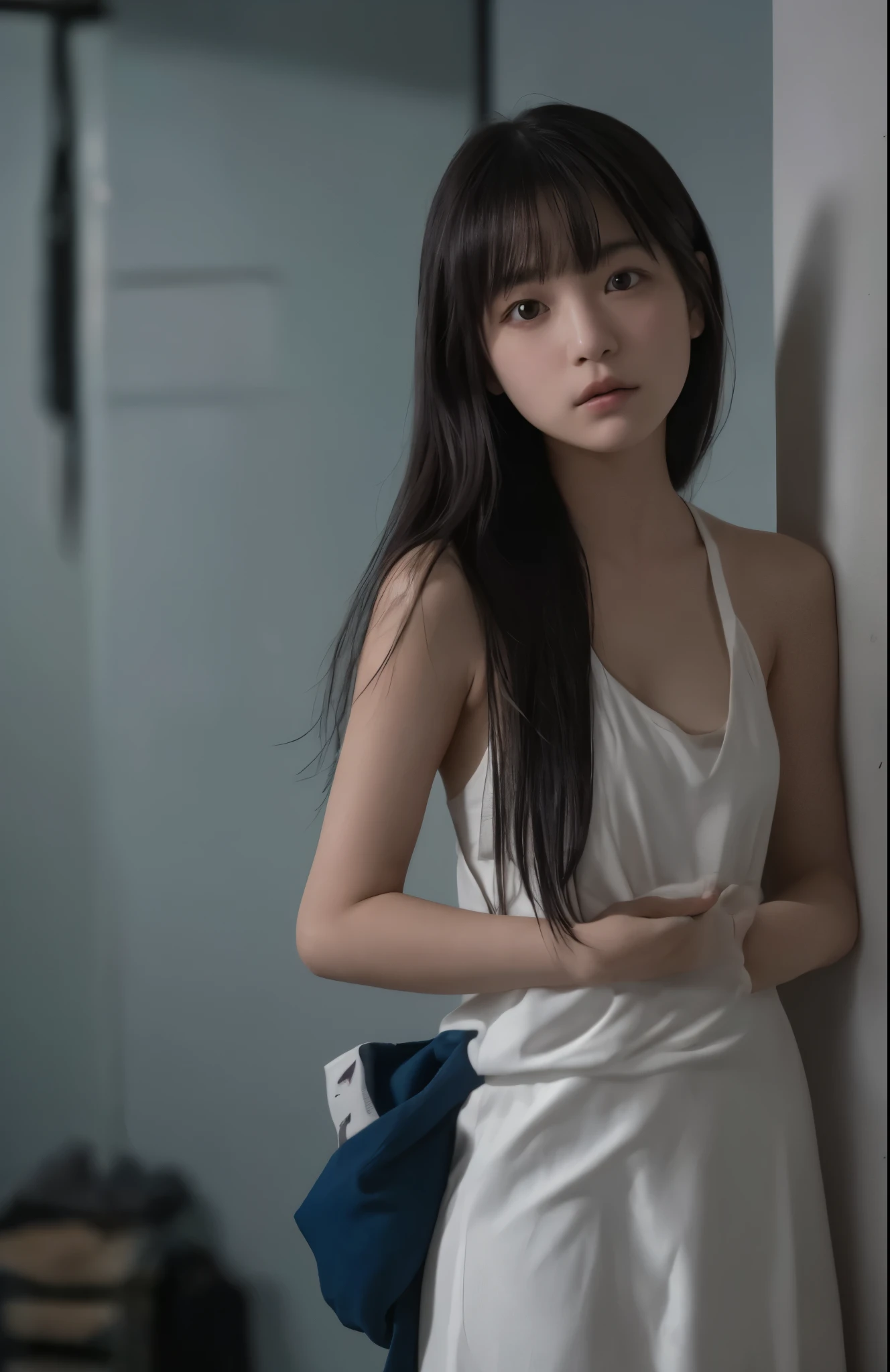 "A lonely and vulnerable named Saki, with long black hair cascading down her back, large black eyes reflecting sadness and a hint of acceptance, and plump lips trembling slightly, sitting on a simple iron bunk bed in a stark, concrete-walled ren’s care facility room in Chiba Prefecture. She wears a white one-piece dress, her porcelain-like skin illuminated by the cold blue glow of moonlight filtering through a thin curtain. She clutches an old bear stuffed toy tightly, her fingers near her lips as if to suck them, surrounded by a desolate atmosphere with a sense of isolation. In the background, shadowy figures of older boys (14-s) faintly appear, their silhouettes suggesting curiosity and unease. A distant figure of a middle-aged janitor (30s) lurks in the dark hallway, his eyes glinting with an ominous shadow. Cinematic lighting, moody and tense, highly detailed, 4k resolution, realistic styl