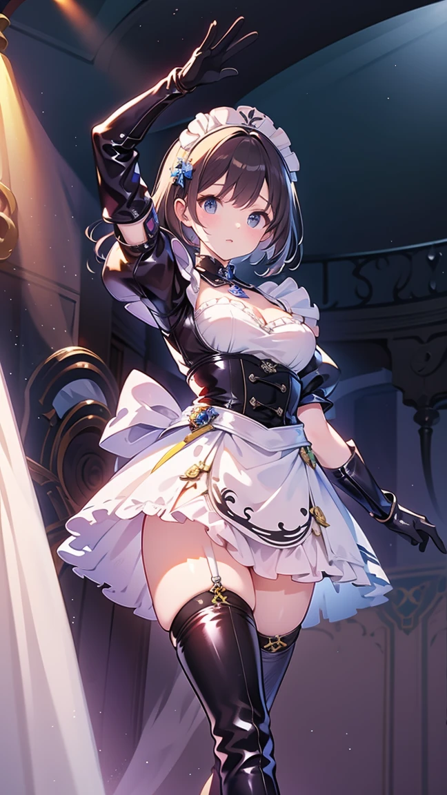 masterpiece, highest quality, Super detailed, girl、short black hair、flat chest、white thigh high socks、Pasties、pubic hairがはみ出ている、nipple、pubic hair、pubic hair、black tailcoat gold button、A face that looks like it's about to cry、Are standing、black top hat、white gloves、