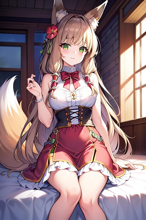 tmasterpiece，best qualtiy， A high resolution，1girll, Solo, (8K wallpaper), (Long brown hair)，(Big fox tail:1.2)，Green eyes，Small flower headdress，Wearing a white student coat，Wearing a black Japanese student uniform_(Wearing black lace stockings)，Blush and smile，jpn_School classrooms，After school，In a school classroom where no one is there，(The girl put her hands behind her back)，Show off her black stockings，