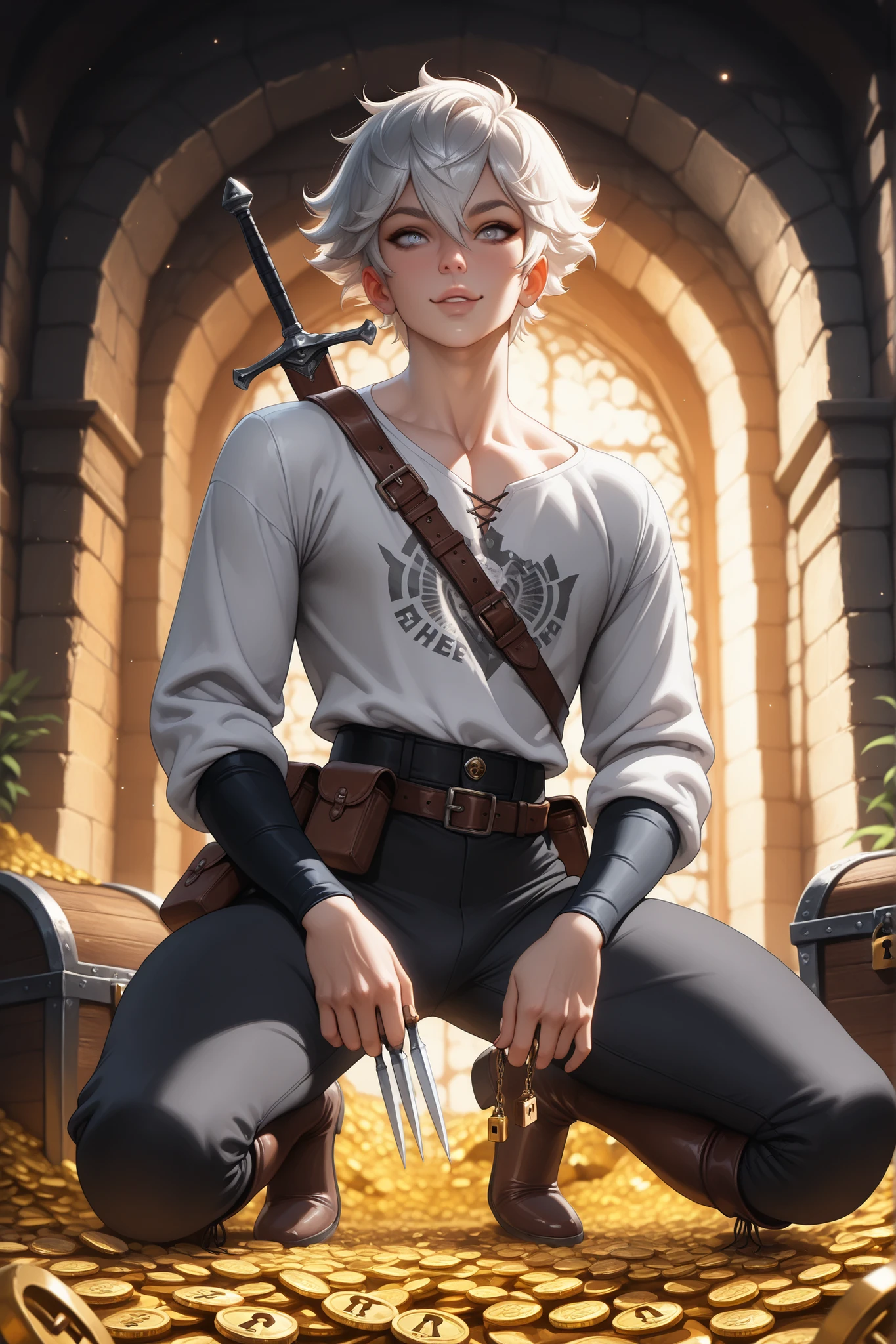 (tangobat:0.7),(Sakimichan:0.7),(High CT quality,4k,High resolution,main piece:2.3),(Very detailed,Realistic:1.37,Best quality,masterpiece, high resolution,on_body), (Tyndall effect,photorealistic, Edge lighting, Two-color lighting),(high definition skin:2.3), (8K UHD, DSLR quality, soft lighting, high quality, surround lighting, sincere, de 8K , 4K, 8K.) (young male/ boy character)
The sneaky slyly ager boy. He has pale skintone, he has ash-gray short fluffy hair, he has ivory eyes. He has a skinny physique. He is a professional thief,a cheater,a scammer, a burglar, a trickster. He is most often dressed in his classic outfit, a loose-fitting shirt with long sleeves,trousers,hip-high boots, a belt with a pouch and a shoulder strap with scabbard for his dagger-blades. He always carries equipment with him: stilettos, scalpels, lock picks. In the background: a medieval fantasy world. A treasure dungeon maze. The stone walls are covered with moss and illuminated by torches. ruins, an open treasure chest, scattered gold coins.