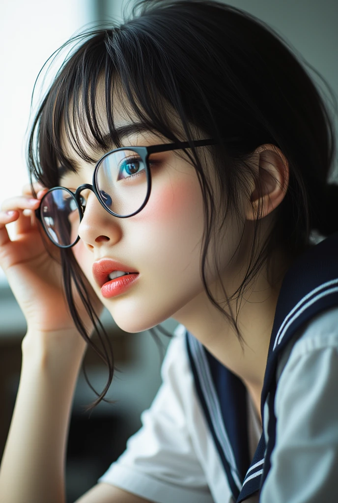 ((Highest Quality、masterpiece、high sensitivity、high definition、detailed depiction、depicting a delicate face、Fvalue:6.0),((Slender Woman、wearing glasses)),sailor suit、Dozing off during class、