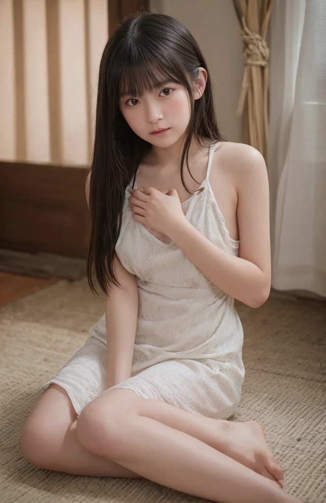 (10_yo:1.5),thighs_shot,bangs,micro_dress,panty,sitting_on_floor_with_one_knee_up,(narrow_eyes:1.5),off_shoulder,smile