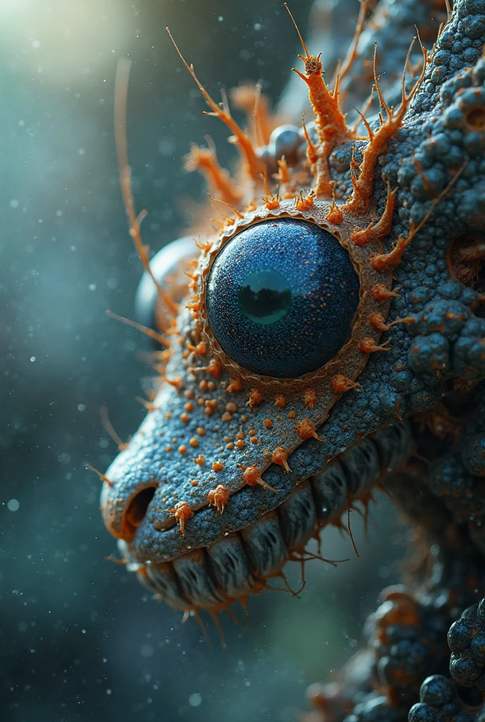 Focus on the textured surface of a dragons eye and slight part of its nose and mouth with teeth visible,capturing the dense network of tiny, repeating dimples that create a fractal-like pattern. Use an ultra macro lens to isolate a small section of the eye,emphasizing the tactile detail of its teal surface. Side lighting enhances the dimensionality of each line, casting subtle shadows across the dragons red scaled skin.
Position the camera to balance symmetry and organic randomness, creating a dynamic yet harmonious composition. The vivid teal hue of the eye dominates the frame, with blurred highlights in the background adding a sense of warmth and depth. This close-up transforms an everyday object into a study of micro-scale fractal beauty.