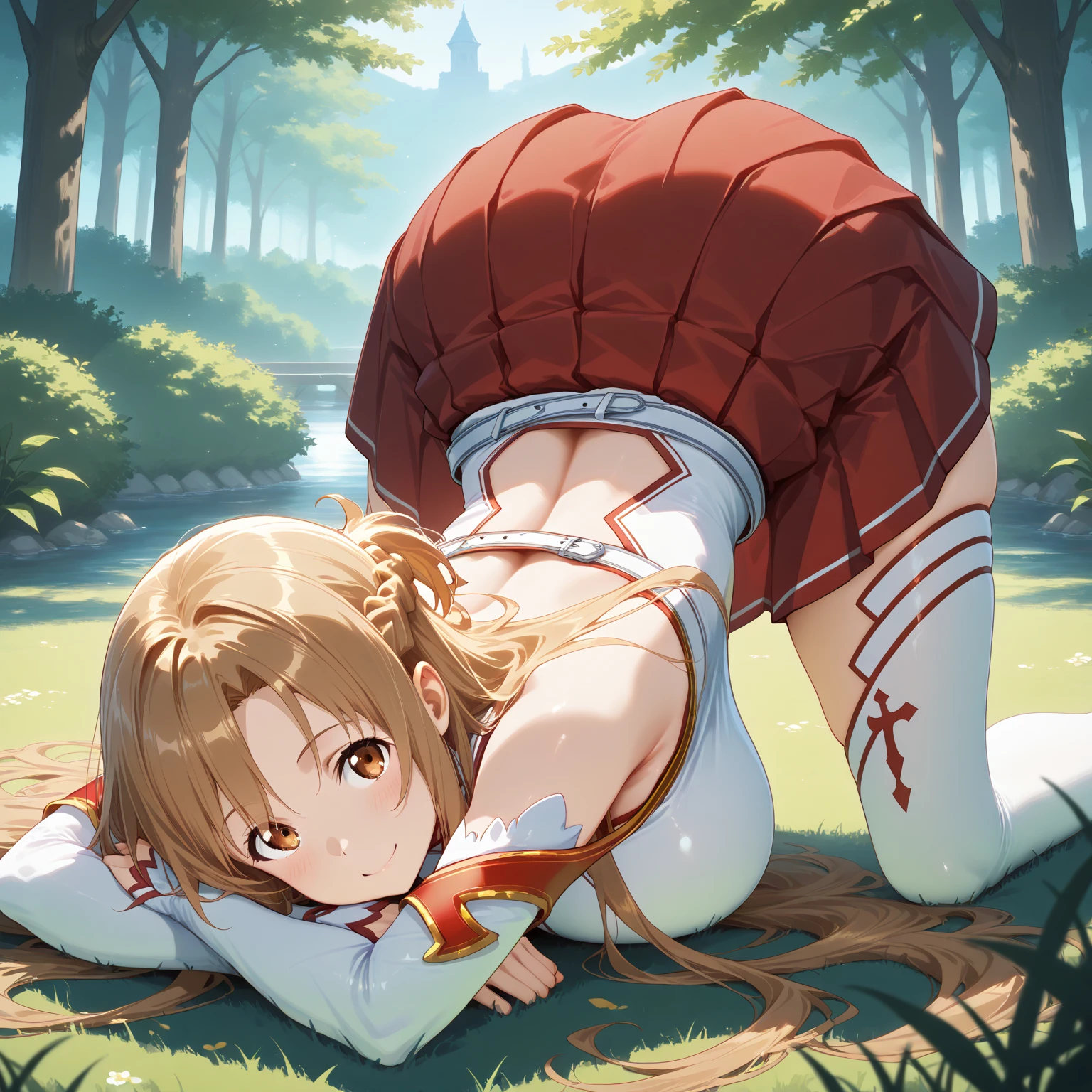(realistic, photo realistic:1.2), ((highest quality)), move the center of gravity backwards, pretty embarrassing, aaasuna, long hair, brown hair, braid, brown eyes, bare shoulders, armor, breastplate, white sleeves, detached sleeves, red skirt, pleated skirt, white thighhighs, white panties, (show panties:1.4), (Panty shot:1.3), (pull up the skirt:1.3), (lying down on ground:1.4), put the heel on the ground, spread legs, knees up, Attach your ass to the ground, beautiful face details, real human skin, gentle expression, Front view, angle from below, realistic, photorealistic, squat deep on school grounds, whole body, From before, from below