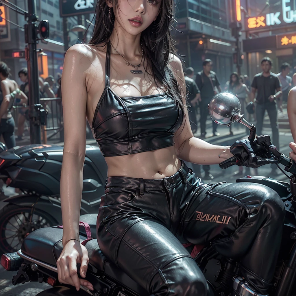 highest quality、Surreal、Perfect Anatomy、Crowded downtown area、Surrounded by spectators、Crowd、Wet and shiny white skin、Sweat dripping all over the body、Slender model figure、Ahegao、blush、black micro bikini、Silver Hair、soaked、Super small face、Japanese sword、Collars and Leads、Natural lighting、Cyberpunk City、neon lights、black urban techwear、Photo session、Motorcycles、