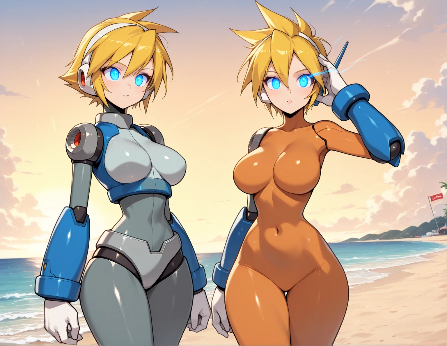 humanoid robot, 2girls, 1futa, blue hair, long hair, chinese ethnicity, robotic joints, black robot,medium breasts, cleavage, pigtails, bangs, white and grey skin, completely impaled, blue eyes, outdoors, beach, sunlight, day, skinny, lips, athletic, short, blushing, sexy robot girl, pussy, deep penetration, robotic legs and arms, sitting on lap, vaginal penetration, penis, perfect vaginal penetration, impaled, futanari fucking girl,