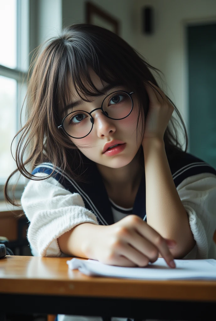 ((Highest Quality、masterpiece、high sensitivity、high definition、detailed depiction、depicting a delicate face、Fvalue:6.0),((Slender Woman、wearing glasses)),sailor suit、Dozing off during class、Put your head on the desk、and the chalk hits your head、