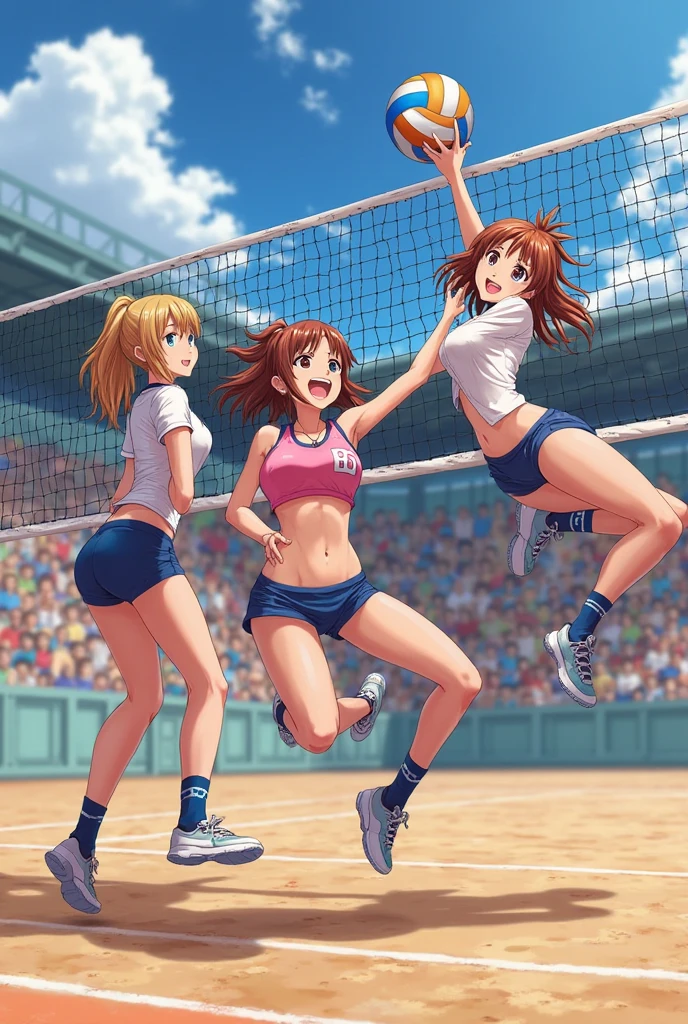 Highest quality,1990s anime style illustration,barefoot,Multiple Girls,Dressed in gym clothes、The fat girls、Stand in line、Practice sumo slap moves,All the girls are barefoot,The girls were sweating、I'll clap my hands desperately,White T-shirt and blue shorts,Several girls are lined up,Multiple Girlsたちを、Please line them up,The girls are out of breath、It's a tired look,