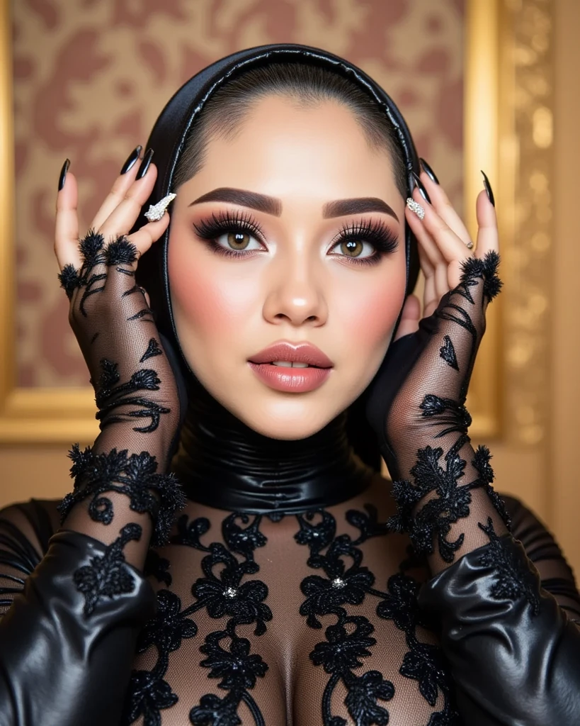 Masterpiece, best quality, nsfw, a portrait photograph of a beautiful, Brazilian actress, Anitta, small and thin sexy framed with huge breasts and spider tattoos, wearing an elegant (black wedding dress) with embroidered opals and a black tulle veil, carrying a bouquet of red roses in a dark and crowded satanic church with an upside-down cross in the background, Chiaroscuro, from Suicide Girls, , , , , , --q 1, DSLR --v 6 --s2