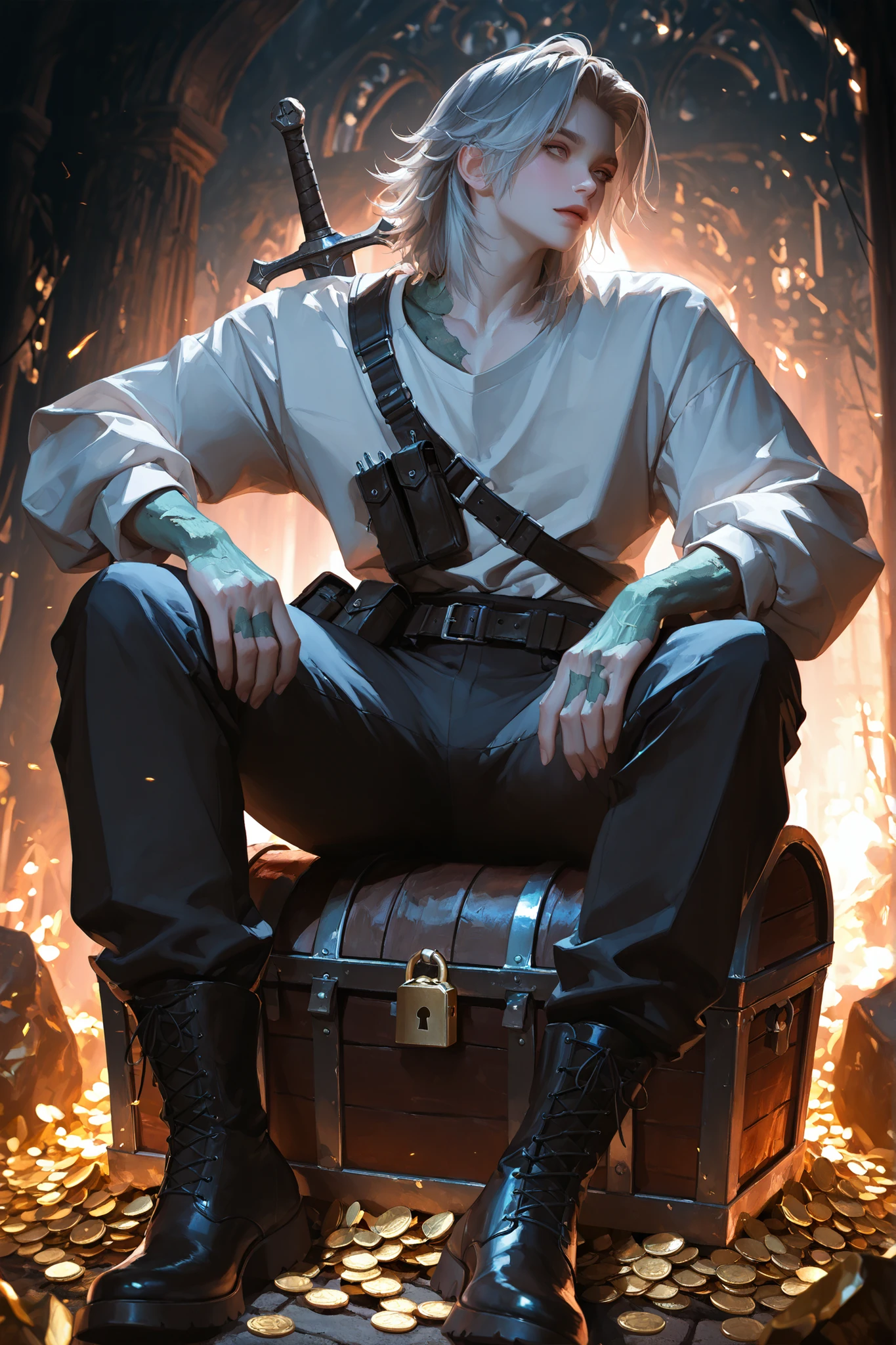 (tangobat:0.7),(Sakimichan:0.7),(High CT quality,4k,High resolution,main piece:2.3),(Very detailed,Realistic:1.37,Best quality,masterpiece, high resolution,on_body), (Tyndall effect,photorealistic, Edge lighting, Two-color lighting),(high definition skin:2.3), (8K UHD, DSLR quality, soft lighting, high quality, surround lighting, sincere, de 8K , 4K, 8K.) (young male/ boy character)
The sneaky slyly ager boy. He has pale skintone, he has ash-gray short fluffy hair, he has ivory eyes. He has a skinny physique. He is a professional thief,a cheater,a scammer, a burglar, a trickster. He is most often dressed in his classic outfit, a loose-fitting shirt with long sleeves,trousers,hip-high boots, a belt with a pouch and a shoulder strap with scabbard for his dagger-blades. He always carries equipment with him: stilettos, scalpels, lock picks. In the background: a medieval fantasy world. A treasure dungeon maze. The stone walls are covered with moss and illuminated by torches. ruins, an open treasure chest, scattered gold coins.