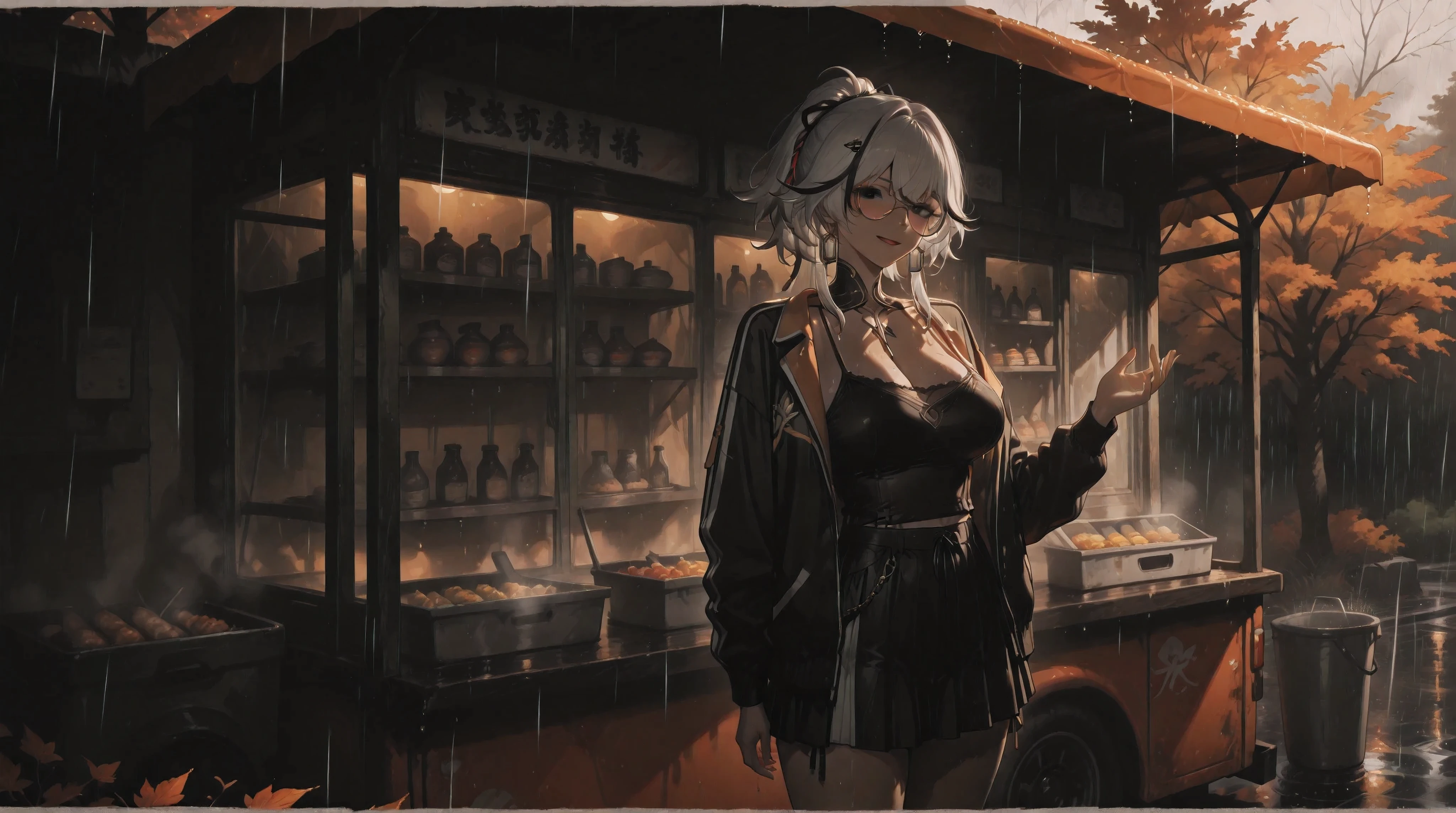 (NSFW:1.1), A Realistic image, extremely sharp focus, crisp details, high resolution, low light, cinematic, fashion photography, 4K, 8K. (correct anatomy and detailed hand). A wide angle shot, side view, a detailed, high quality rendering of camellya from Wuthering Waves. She wears beautiful, detailed round eyeglasses, she wears a camisole, varsity jacket and miniskirt. She has a beautiful large breasts. She has a beautiful face details, a beautiful detailed black eyes, white hair, streaked hair, detailed hands, five fingers and a real human skin, her expression is happy and she looks at the viewer. She's standing in front of a food truck. Rain, autumn, dramatic cold soft light casting soft natural shadows, cold and warm color pallete. the background has highest detail, detailed background and depth of field.
