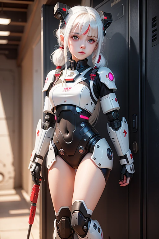 Beautiful Face,Face is Japan, 1 Woman, Big, Curvaceous, (8k, RAW Photo, Best Quality, Masterpiece: 1.2), (HDR, Realistic, Photorealistic: 1.37) (Blood vessel attached to tube), (Bikini Cyborg Robot Parts)))), (Light Grey Hair), Long Hair, Wavy Hair, Twin Tails, Medium Shot, ( Seductive smile)), (black eyes), princess cut,from below,(whole body),posing,,inside the lab,( blood vessel connected to a tube),((mechanical vertebrae attached to the back)),((mechanical neck attached to the neck)),(wire cable attached to the head and body),(character focus),science fiction,perfect female figure,perfect anatomy,ultraanatomy, Full body shot,