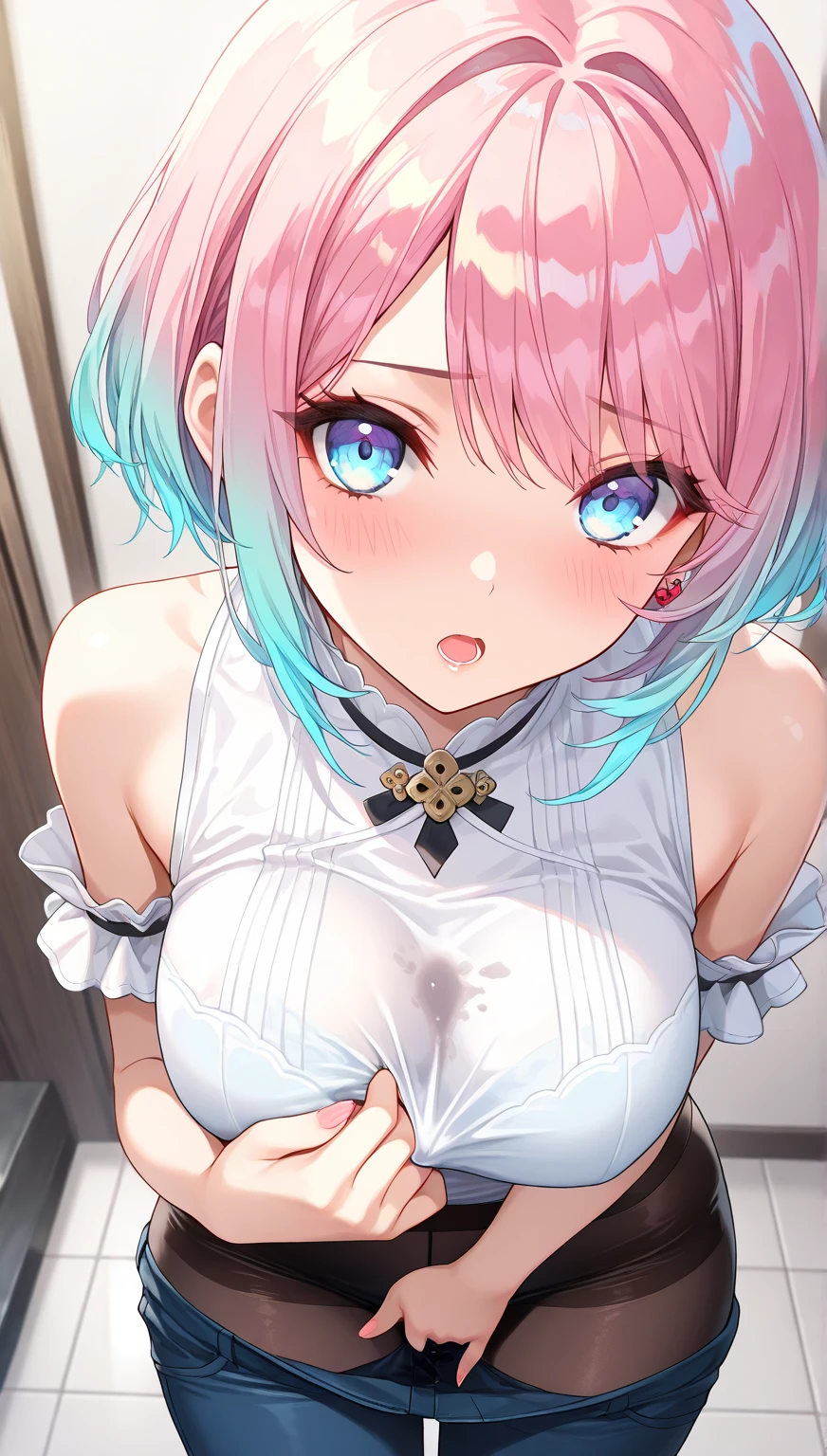 ((NSFW))、(masterpiece, Highest quality:1.3), (Super detailed:1.2), (hyperRealistic:1.3), (RAW Photos:1.2), High-definition RAW color photos, Professional photos, (PhotoRealistic:1.4), (Realistic:1.4), (Pink Hair:1.5), Professional Lighting, Perfect Anatomy, (Big Breasts:1.2), (blush, Detailed face),Earrings, necklace, Gold bracelet,, (Slim body、Are thin、Model body type、Beautiful long legs)、Random sexy gravure poses, (White tight t-shirt、Open chest、Shorts、金のEarrings、:1.3)、To the tips of the feet、(((Sweat)))、((Sweatで濡れた肌、My hair is wet))、Double teeth、((crowded train、Salaryman))、(((Body odor)))、(((A man touches my chest)))
