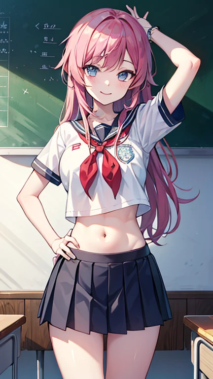 (Top resolution、Top resolution、ultra res)、(Raw photo、Realism: 1.4)、(flat-chest、small tits: 1.5)、Cute High School Teen, 2girls、((Sportsbra)), a blond, Understated and prim full body photo, Smiling, Classroom、Perfect lower body shape、Constricted waist、