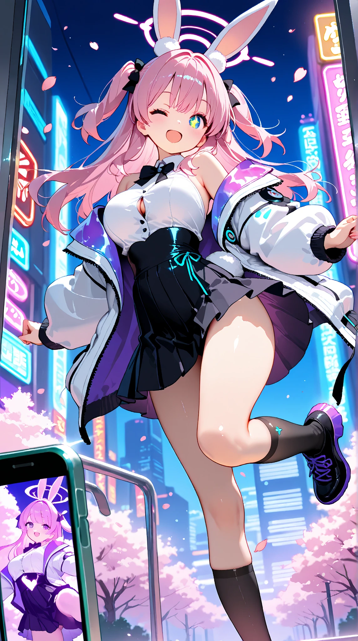 1个Giant Breast Girl,night city city,Manteau,hands in a pocket，black short skirt，drenched clothes，nudegirl，