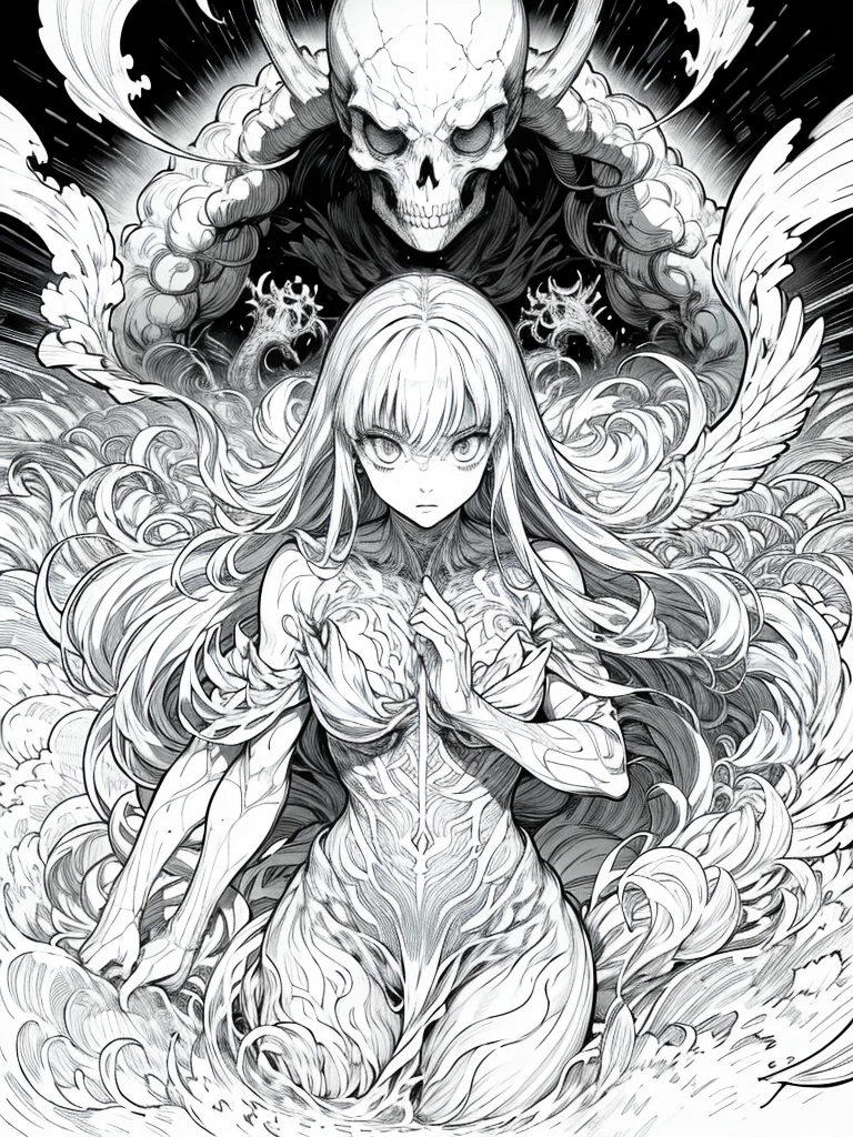 Anime line drawing, line art, black and white, (body horror: 1.4), (biology: 1.3), Female Skull Crusher, (bloody: 1.2), Live, (Zentangle: 1.2)
