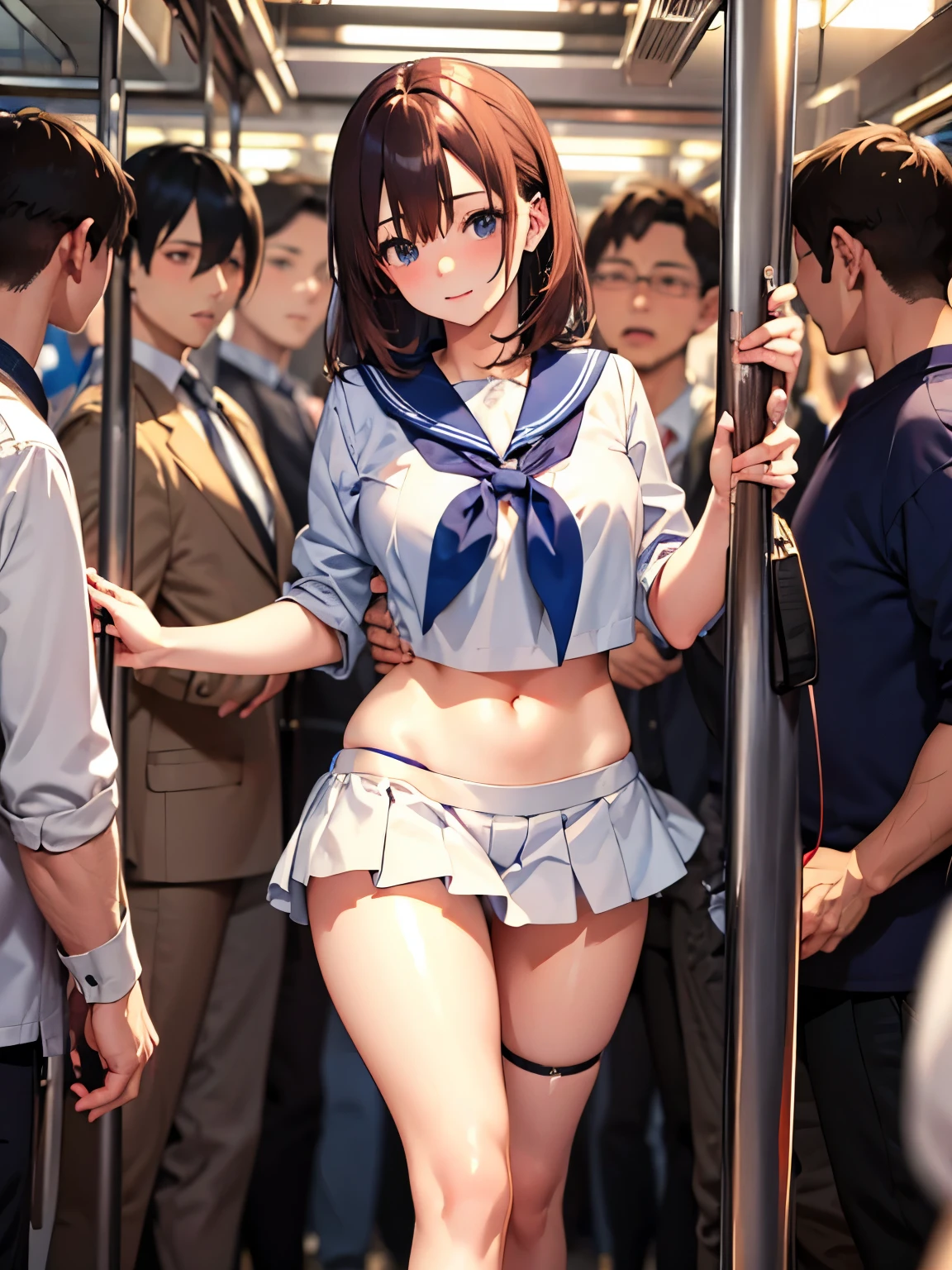 (((masterpiece, Highest quality, High resolution, 超High resolution, Perfect Pixel, Depth of written boundary, 4K, RTTX 10.0))), Beautiful Anime Woman, Beautiful art style, Anime characters, ((Smooth texture, Realistic texture, Anime CG Style)), Perfect and accurate finger count、Exact number of legs、(Exact number of arms:1.0, Exact number of hands:1.0), (Perfect hands, Perfect Anatomy), Cinematic, Realistic, Extremely detailed CG, Daytime lighting, Perfect lighting, Best Shadow, The best natural light, whole body, Perfect body, バランスのとれたPerfect body, Perfectly balanced style, Soft body, Slender body, ((bangs, Reddish brown hair, Long Hair, ponytail)), ((A cute adult woman is walking:1.8)), ((Bow tie around neck:1.3), (Sexy and cute yellow underwear:1.3), (Stylish shiny yellow satin panties, Side-tie panties, Panties with plain yellow center and lace decoration on the sides:1.3), (Yellow micro lace satin bra, Yellow bra with large lace trim around the edges:1.3), (Knee-high socks:1.3):1.4), (Beautiful big boobs:1.1), (Embarrassed expression:1.5), blush, (School corridor, Corridor with windows, Long corridor, In the background, there are many male students walking., The boys are paying attention to the girls:1.7), naked, In underwear, Only bra, panties and knee socks, School shoes, Angle from below the front