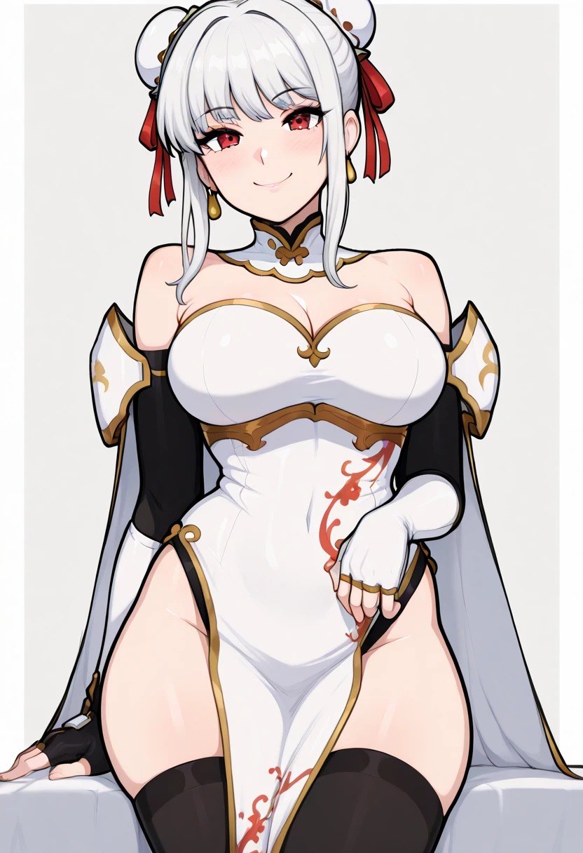 Tall girl, pale skin, Long white hair, red-eyes, Vampire's clothes, breeches, open belly, neckline on the chest, Tatoo, smirk, fangs, Masterpiece, hiquality