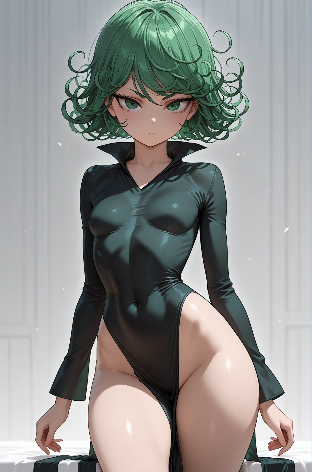 (masterpiece), best quality, expressive eyes, perfect face, 1girl, tatsumaki, breasts, standing, ((small breast)), solo, (abs), ((green hair)), short hair, green eyes, ((tsundere)), ((embrassed)), ((shy), looking at viewer, perfect eyes, perfect face, ((hands behind back)), cowboy shot, simple background, white background, virgin destroyer sweater, navel, thighhighs, green sweater, green thighhighs,