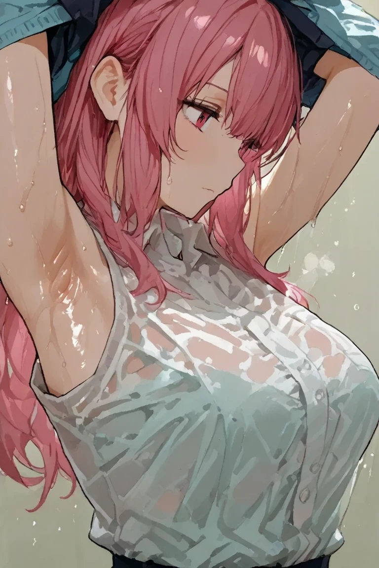 score_9, score_8_up, score_7_up, 1girl, solo, pink hair, green eyes, long hair, pink bikini, looking at viewer, smile, from below, cowboy shot, raining, wet hair, wet body, wet clothes, night sky background