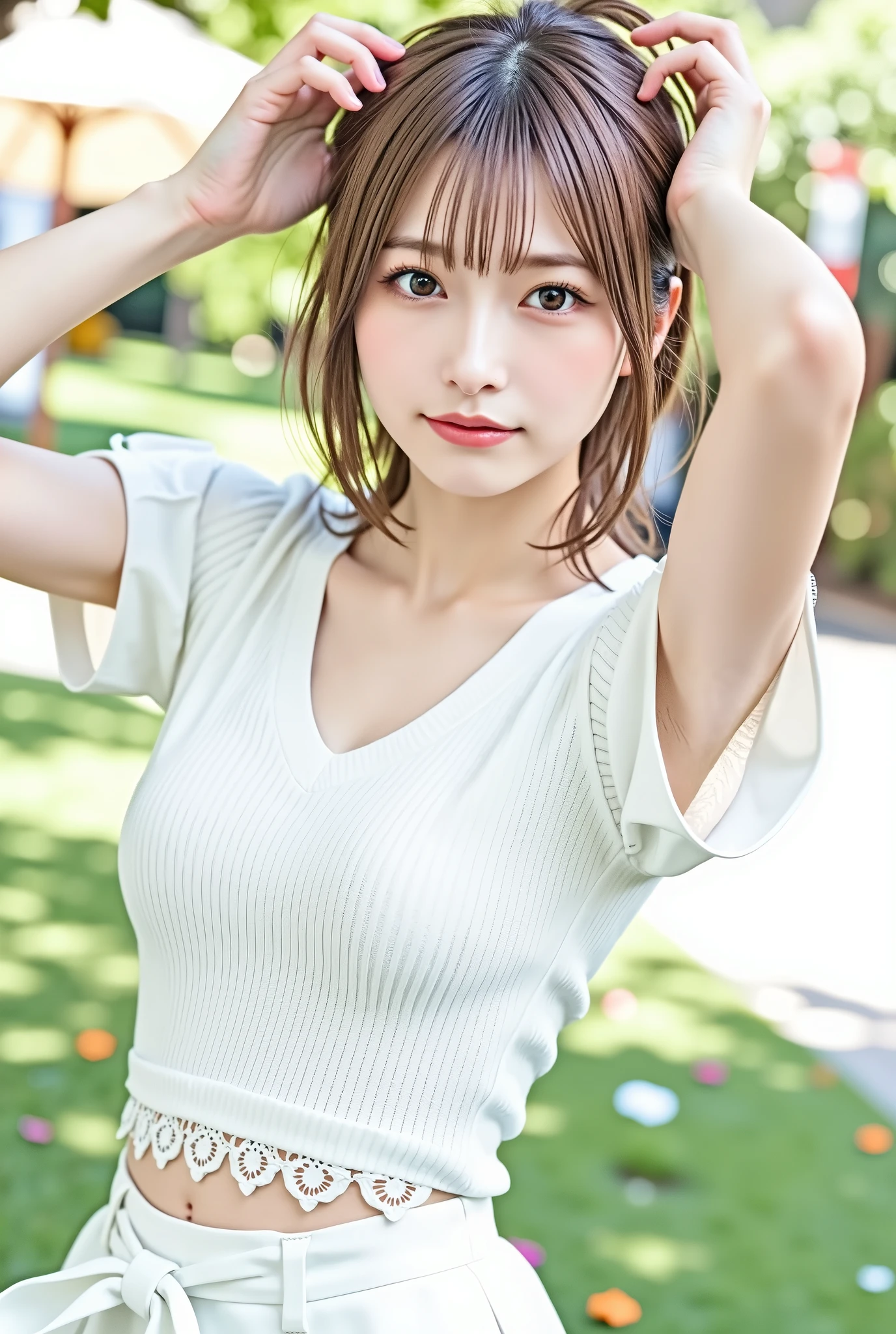 ((((highest quality))))、(((Ultra-precision CG16K wallpaper)))、(((masterpiece)))、(((Super detailed)))、(((super extreme details)))、1people's women、mature woman、24 year old woman、((Japanese face))、((very beautiful face))、((Beauty:1.5))、((straight semi-long hair、blunt bangs))、(shiny brown hair)、beautiful delicate eyes、brown eyes、raised eyebrows、high nose、small nostrils、small mouth、seductive lips、beautiful breasts、((C cup size breasts))、cleavage、plump body、(Chubby body type)、perfect proportions、perfect anatomy、perfect composition、beautiful detailed shading、beautiful natural lighting、beautiful detail glow、Depth of the bounds written、(((High chroma)))、(((real:1.9)))、((vivid:1.5))、((edge:1.6))、((beautiful skin))、((skin texture))、((realな皮膚感))、(((cowboy shot、Thigh:1.5)))、((Angle seen from the front:1.5))、((shy smile:1.5))、(Eyes looking up at me:1.5)、daytime park、bright sunshine、(((park square:1.5)))、(standing pose:1.5)、(((Beige pink sleeveless V-neck ribbed mini dress:1.6)))、((Roll up the skirt with two hands、skirt lift:1.6))、((Show white bikini panties:1.5))、((hair band、pink choker、Wearing earrings:1.3))、