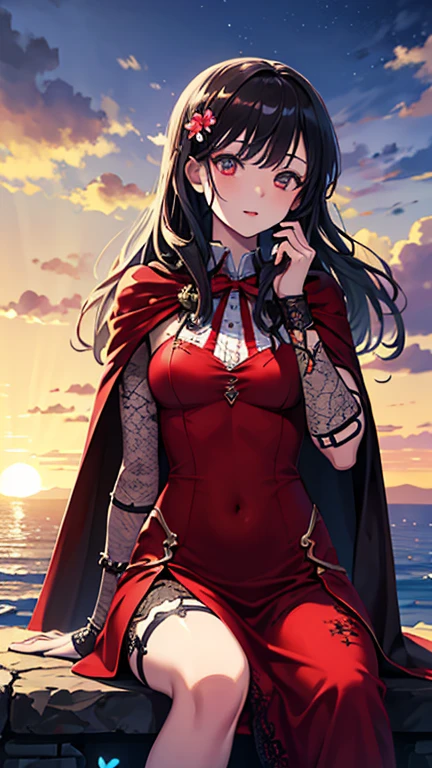 A girl at beach , wearing hot one peice gown , her skirt is yellow black, red eyes , evil smile , long hair, ultra high quality,at centre of image, focused image,half body shot.
