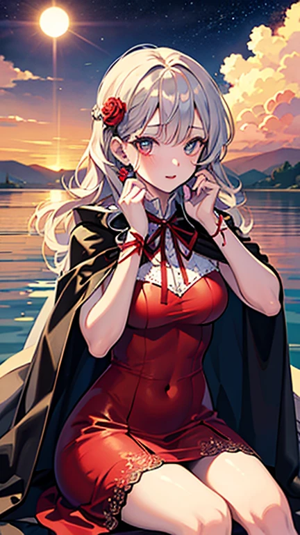Fluffy long hair,Give bangs,Katyusha,Braids,Autumn outfit,Purple and light brown clothes,The sleeves of the clothes are a little long,I see a little cleavage,Moe Sleeve,Two people on a date,Lots of nature around the lakeside,The tree々Autumn leaves in autumn,Fruit Accessories(Grapes,muscat),Upper Eyes,Two people walking hand in hand,red tide,delighted expression,