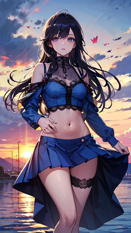 A beautiful girl wearing a navy blue dress posing for a photo, anime girl, in the park, Lolita style dress with ruffles and lace, (flower printed elegant dress skirt), low-cut chest, blue sky and white clouds, windy day, white stockings above the knee, (looking at the viewer), brown hair, bangs, swept bangs, long hair, wavy hair, shiny hair, expressive hair, hair flower, hair ribbon, jewelry, aqua eyes, glowing eyes, pupils sparkling, earrings, open mouth, blush, tongue, happy, red lips, glossy lips, upper teeth, naughty face, big rounds breasts, slim waist, beautiful and detailed legs, cute thighs, full body, well defined body, fine lace panties, (showing elegant panties:1.4), exposed panties, skirt lift, upskirt, wind blowing up dress skirt, high detail, ultra-detailed, anime, dithering, beautiful illustration, depth of field, pov, low angle, from below, perspective, panorama, game cg, NSFW, Wide-Angle, f/1.8, 85mm, Sony FE GM, 8k, super detail, UHD, retina, masterpiece, accurate, anatomically correct, textured skin, highres, 16k