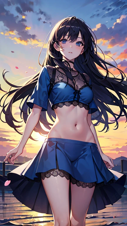 A beautiful girl wearing a navy blue dress posing for a photo, anime girl, in the park, ta style dress with ruffles and lace, (flower printed elegant dress skirt), low-cut chest, blue sky and white clouds, windy day, white stockings above the knee, (looking at the viewer), brown hair, bangs, swept bangs, long hair, wavy hair, shiny hair, expressive hair, hair flower, hair ribbon, jewelry, aqua eyes, glowing eyes, pupils sparkling, earrings, open mouth, blush, tongue, happy, red lips, glossy lips, upper teeth, naughty face, big rounds breasts, slim waist, beautiful and detailed legs, cute thighs, full body, well defined body, fine lace panties, (showing elegant panties:1.4), exposed panties, skirt lift, upskirt, wind blowing up dress skirt, high detail, ultra-detailed, anime, dithering, beautiful illustration, depth of field, pov, low angle, from below, perspective, panorama, game cg, NSFW, Wide-Angle, f/1.8, 85mm, Sony FE GM, 8k, super detail, UHD, retina, masterpiece, accurate, anatomically correct, textured skin, highres, 16k