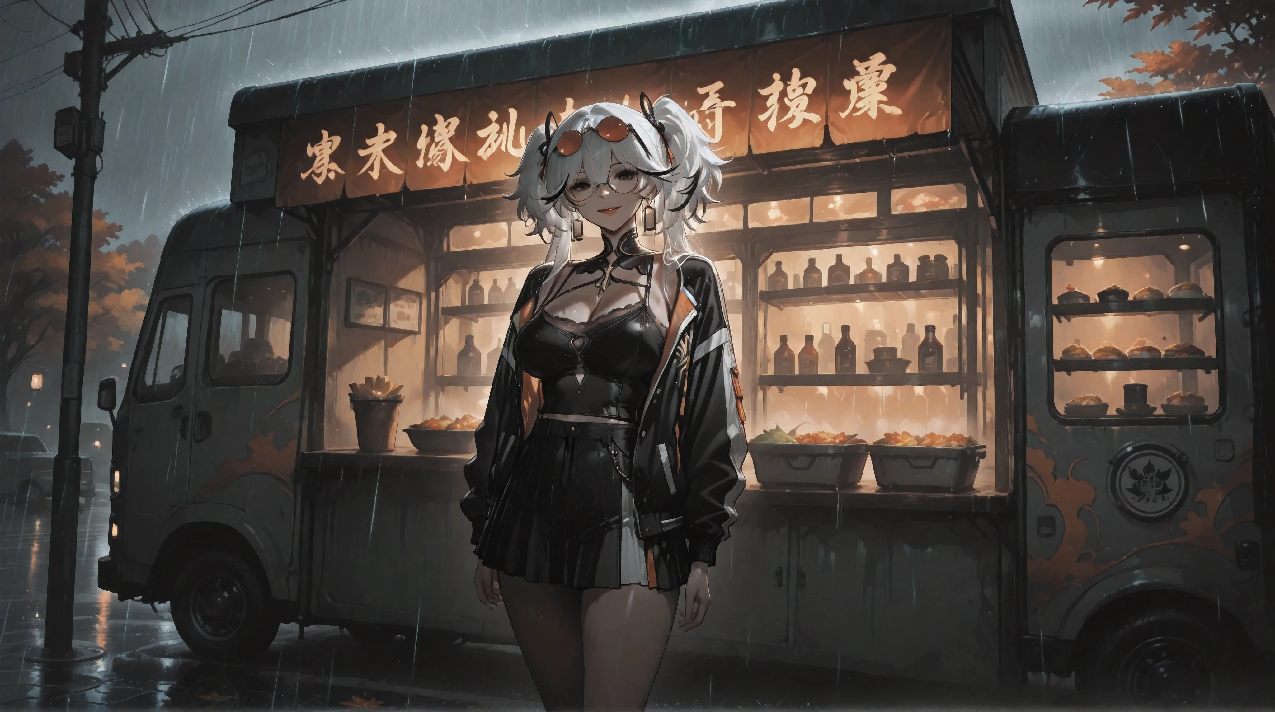 (NSFW:1.1), A Realistic image, extremely sharp focus, crisp details, high resolution, low light, cinematic, fashion photography, 4K, 8K. (correct anatomy and detailed hand). A wide angle shot, side view, a detailed, high quality rendering of camellya from Wuthering Waves. She wears beautiful, detailed round eyeglasses, she wears a camisole, varsity jacket and miniskirt. She has a beautiful large breasts. She has a beautiful face details, a beautiful detailed black eyes, white hair, twintails, detailed hands, five fingers and a real human skin, her expression is happy and she looks at the viewer. She's standing in front of a food truck. Rain, autumn, dramatic cold soft light casting soft natural shadows, cold and warm color pallete. the background has highest detail, detailed background and depth of field.