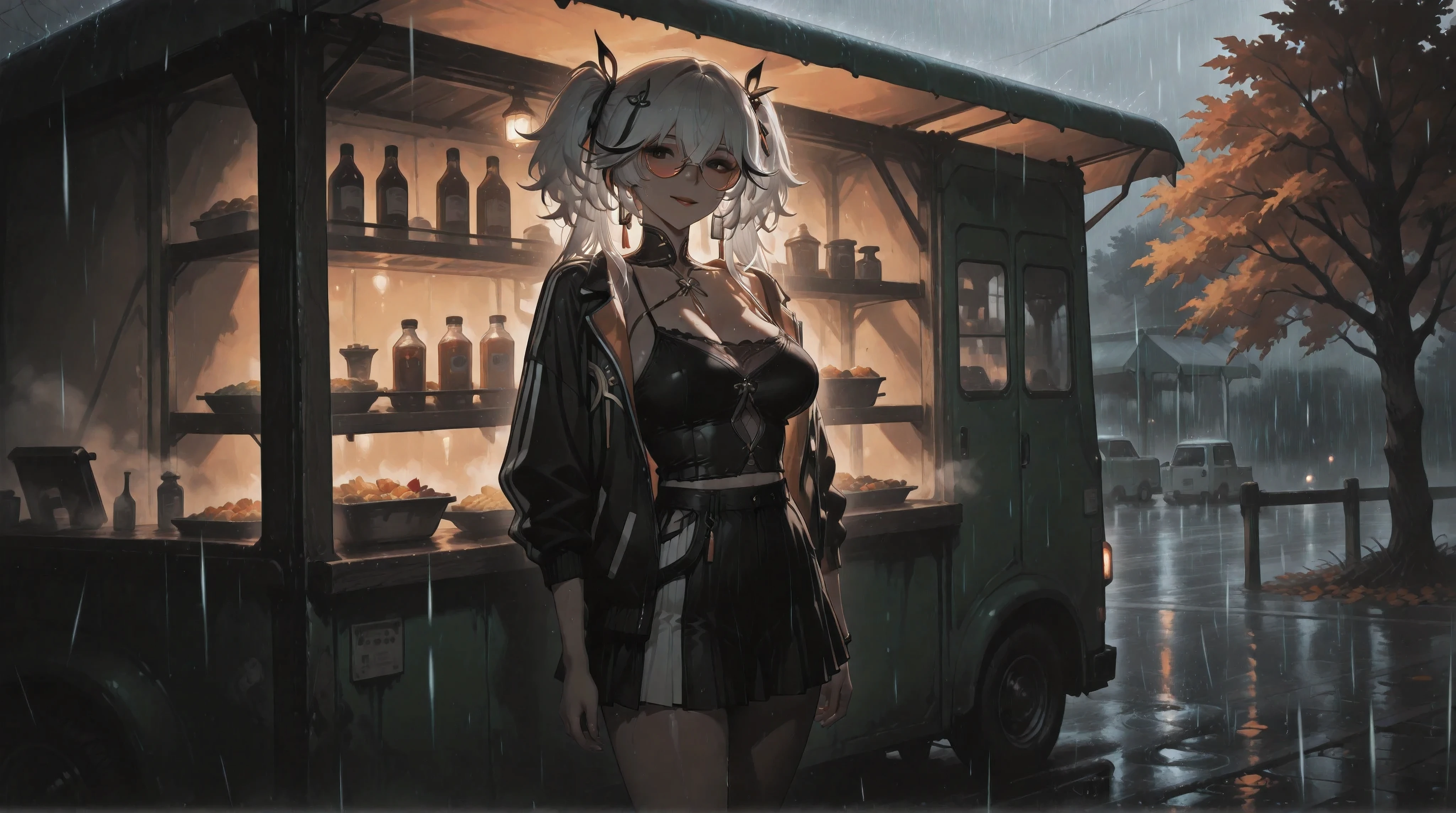 (NSFW:1.1), A Realistic image, extremely sharp focus, crisp details, high resolution, low light, cinematic, fashion photography, 4K, 8K. (correct anatomy and detailed hand). A wide angle shot, side view, a detailed, high quality rendering of camellya from Wuthering Waves. She wears beautiful, detailed round eyeglasses, she wears a camisole, varsity jacket and miniskirt. She has a beautiful large breasts. She has a beautiful face details, a beautiful detailed black eyes, white hair, twintails, detailed hands, five fingers and a real human skin, her expression is happy and she looks at the viewer. She's standing in front of a food truck. Rain, autumn, dramatic cold soft light casting soft natural shadows, cold and warm color pallete. the background has highest detail, detailed background and depth of field.