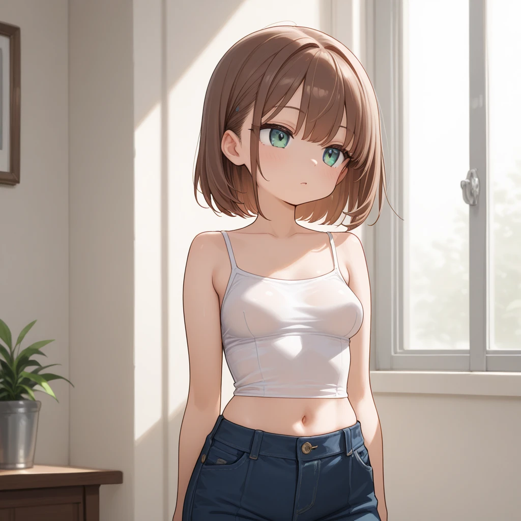 A young woman with short, dark brown hair and big, expressive green eyes with a slender body wearing no shirt and denim shorts