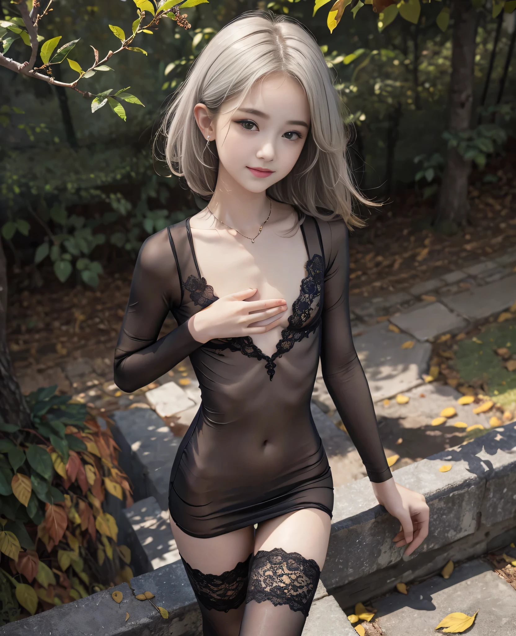super high quality, ultra high resolution, ultra high definition, masterpiece, Award-winning photo , high-performance medium format digital camera and ultra-high performance lens , 16 thousand., bright, difference in color, exquisite, sharp focus, ((is very detailed, beautiful goddess , like she came from heaven.)), ( walk through a forest of deciduous broad-leaved trees in autumn in the large garden of a large mansion, tree々The leaves turn red and yellow., Falling leaves are scattered all over the ground.), ruanyi0070, transparent, covering, tight dress, lace, black stockings, long sleeves, black dress, 非常に美しく exquisitePiercing, (( perfect anatomy:1.5)), (((1 girl))), (Beautiful girl:1.6), ((flat chest:1.6)), is very handsome and clear skin, smooth skin, like sparkling silk , Highly detailed and beautiful eyes , little cute face, (baby face:1.65), thin eyebrows:1.2, double eyelids , (( big eyes:1.1)), very detailed and beautiful eyes, perfect symmetry and perfect eyes, perfectly plump lips , Nose is too small, miniature body:1.6, perfect symmetry and perfect eyes :1.2, beautiful arms , beautiful hips, Beautiful legs , extremely beautiful, beautiful, and the seductive navel , is very handsome, small, charming, and seductive breasts., extremely beautiful, and the seductive navel , Nipple Erection, is very handsome, small, charming, and seductive areola., is very handsome and charming enchanting female genitalia, extremely beautiful and Seductive Groin , is very handsome and small and charming enchanting buttocks, spacious pool in a large mansion, wavy hair, smiles,