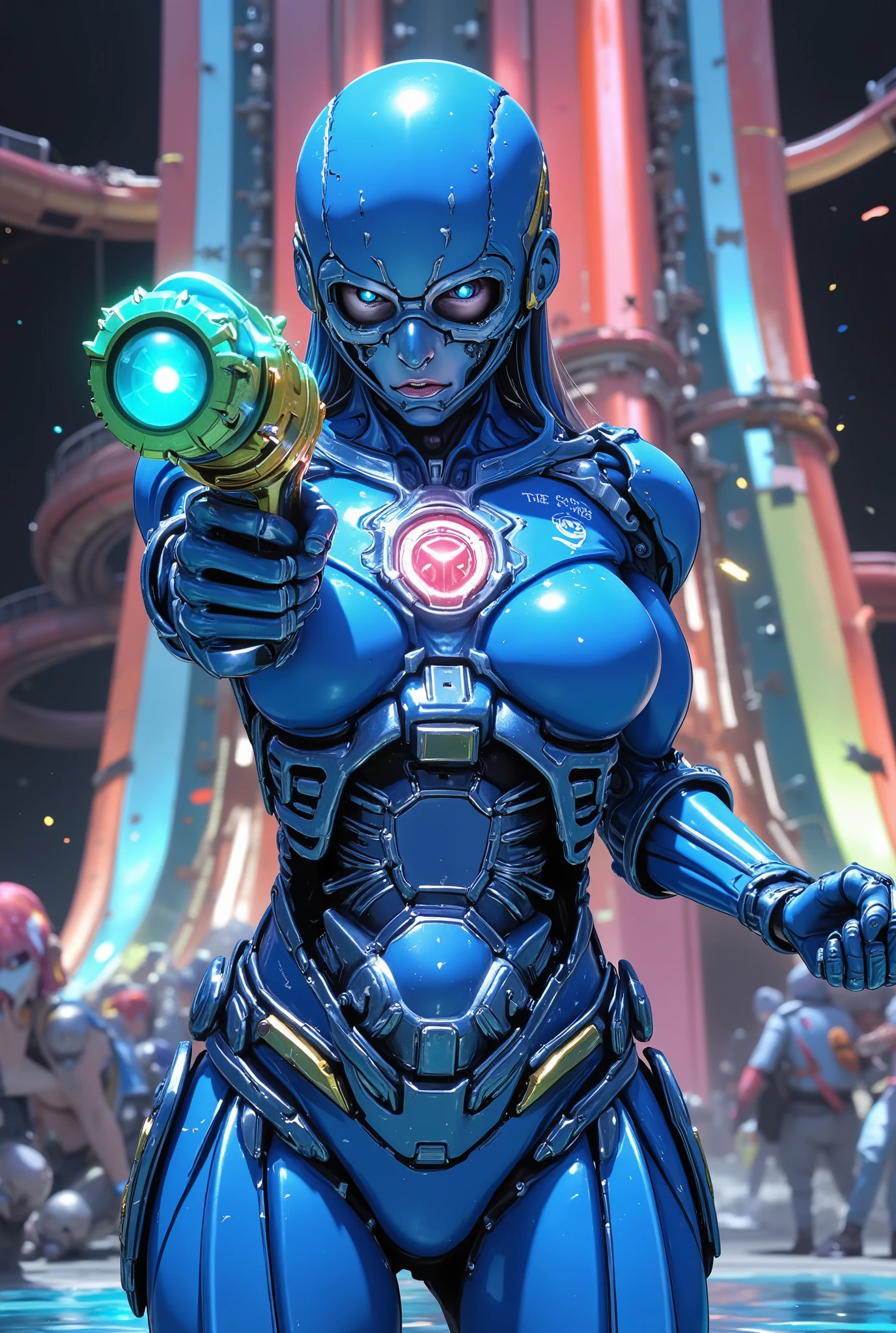 Masterpiece, legend, highres, award, professional quality, perfect lighting, (Highest quality), future, (((Lots of girls))), 3 blue Troopers on pop up from large monitor, in huge pool at water park, detailed Asymmetrical blue exoskeleton suit with colorful large bold water gun with pump and bottle, blue Gas mask with glaring swim gargle, shoot water gun pose, shoot water beam to here from water gun, dynamic action, mechanical, water slide, Digital Sculpture, super High resolution, Absurd, Deep shine effect, High resolution, Particles of light, Cinema Lighting, Depth of written boundary, ready for action pose, in large water park, Heavy water splash, neon,