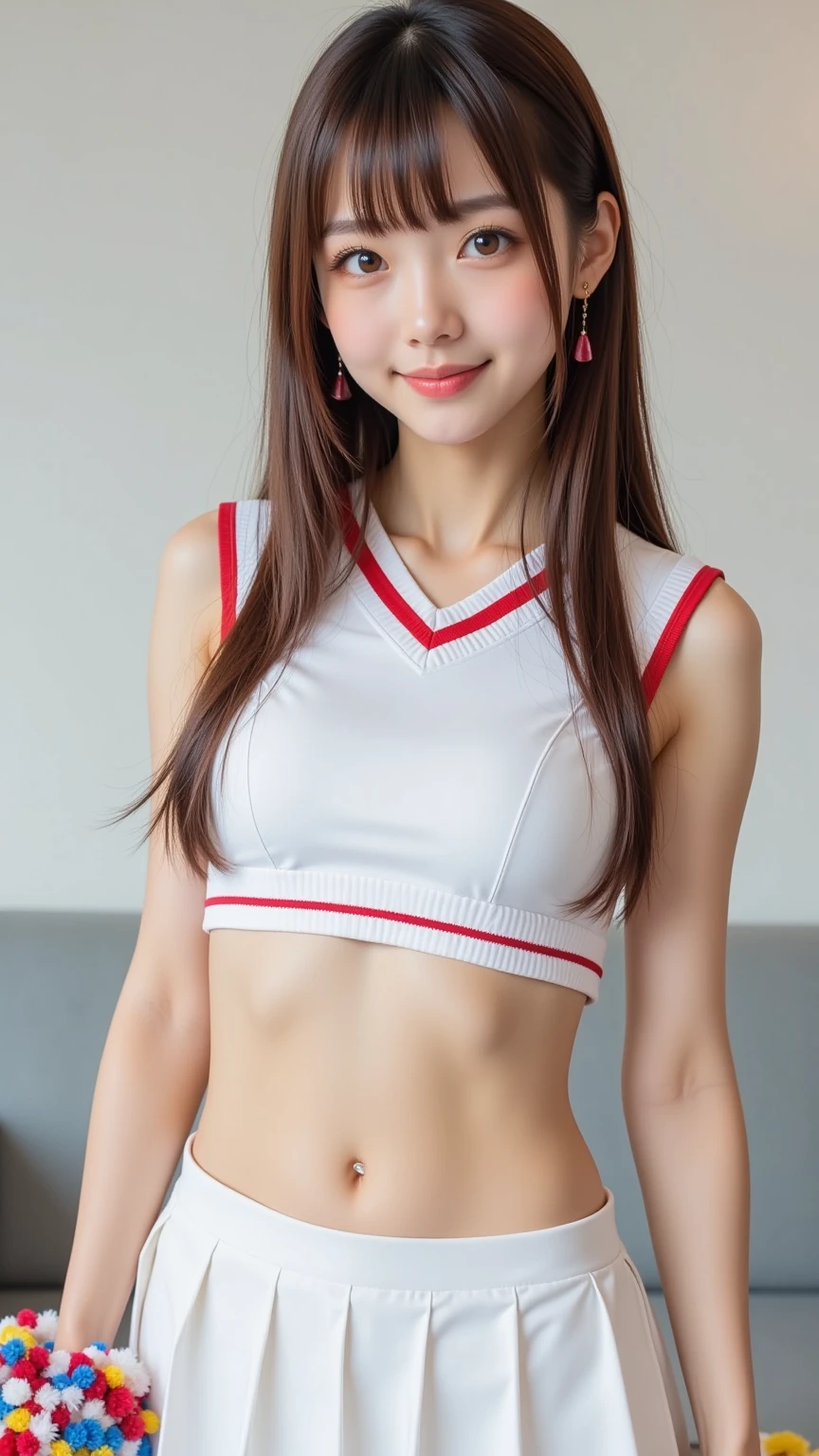 Flying debris, Highest quality, shape, Very detailed, finely, High resolution, 8K壁紙, Perfect dynamic composition, finelyてBeautiful Eyes,Medium Hair,Small breasts Natural color Lips, Bold sexy pose,smile,Harajuku、20-year-old girl、cute、sexy shot looking at camera、Black hair ponytail , whole body((Realistic lighting, Highest quality, 8K, masterpiece: 1.3)), Clear focus: 1.2, 1 Girl, Perfect shape: 1.4,(Cheerleader:1.3),(Outdoor:1.5),(Look under your armpits:1.5),(Stadium:1.1),(Cheer Dance:1.3) Very beautiful face, Beautiful Eyes, double eyelid,smile,(Your cheeks are red:1.3),(No nipples:1.2)