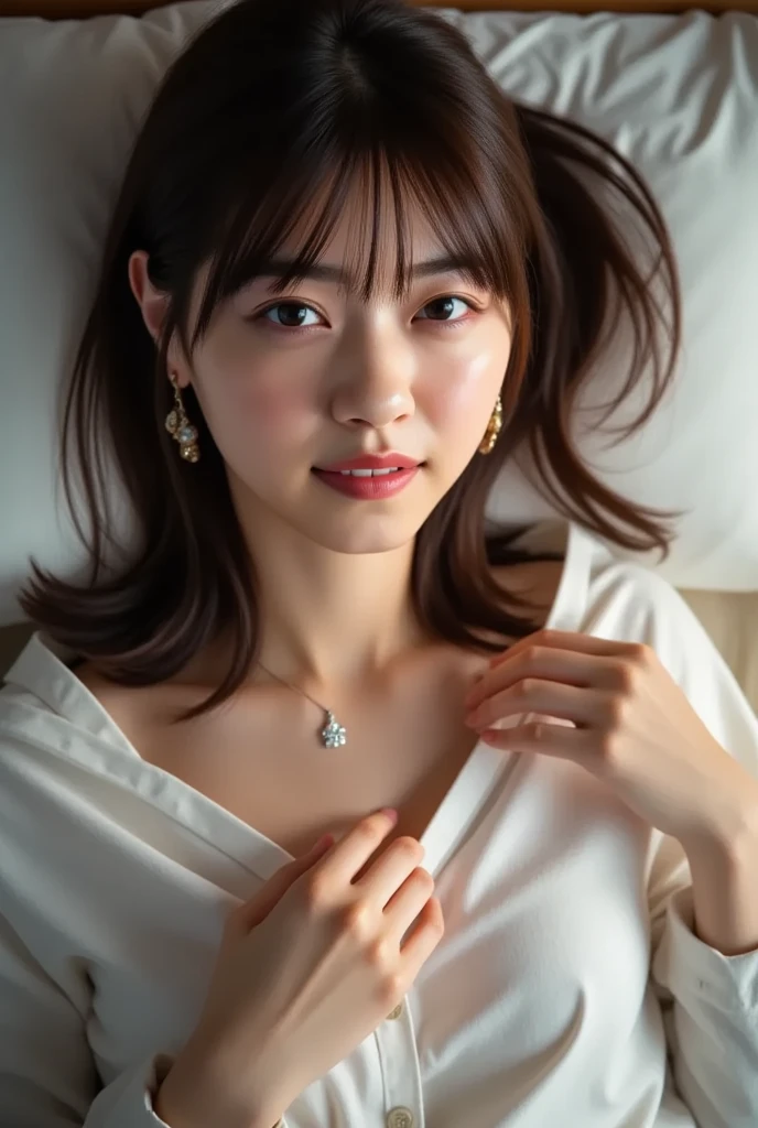 (realistic,photo-realistic:1.4), (best quality, masterpiece:1.2), RAW photo, high resolution, intricate details, extremely detailed, realistic and sharp details, cinematic lighting, full body,
solo, 1girl, a 25 years old Japanese beautiful female idol, (lying on the bed, head on a pillow:1.5), (seductive clothes, seductive pose), dark hair, medium hair, detailed face, detailed eyes, most beautiful girl, gorgeous girl, insanely beautiful, stunning body, slim body, pale skin, fair skin, sweaty, blush, grinning, missionary vaginal, pov, very soft, bright,
(full body, whole body from far away), looking at viewer, lower angle view, hotel background,
perfect breasts, large breasts, G-cup bust size, perfect legs,
sexy, alluring, orgasm, cute, feminine,
expensive necklace, van cleef & arpels, cartier earrings, expensive earrings,