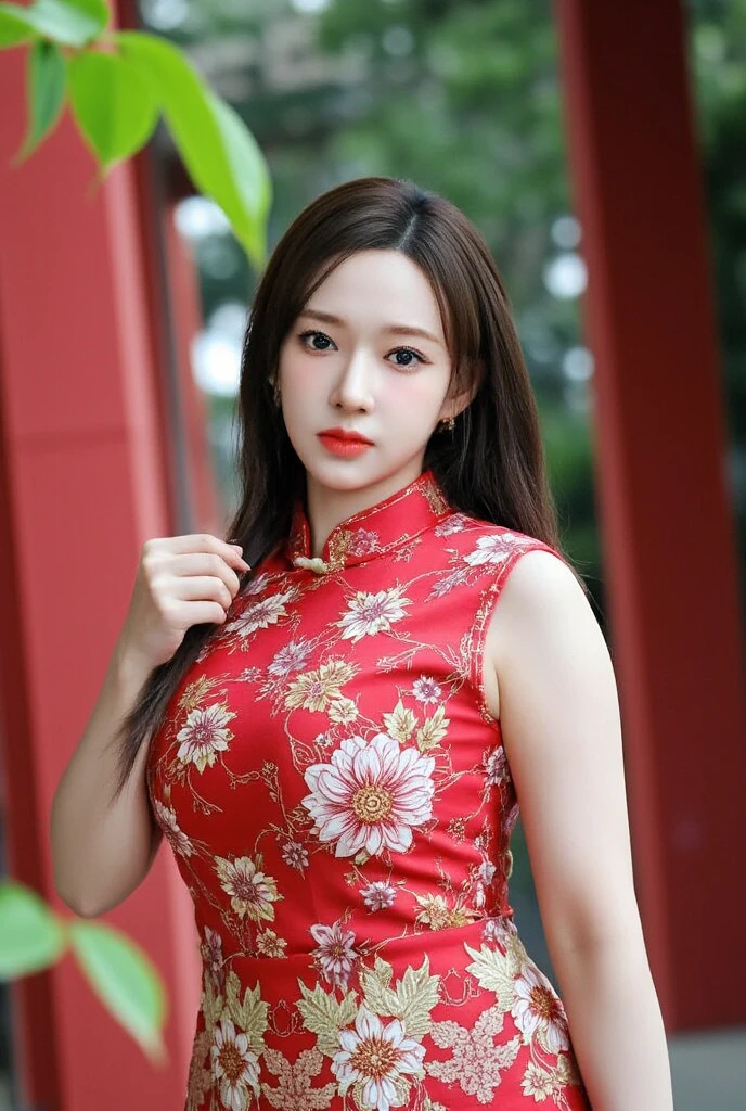 A cinematic photo of a gorgeous curvy china seductive sexiest milf, wearing Modern seductive red Cheongsam in her luxurious birthday with birthday cake and gifts in a luxurious garden
