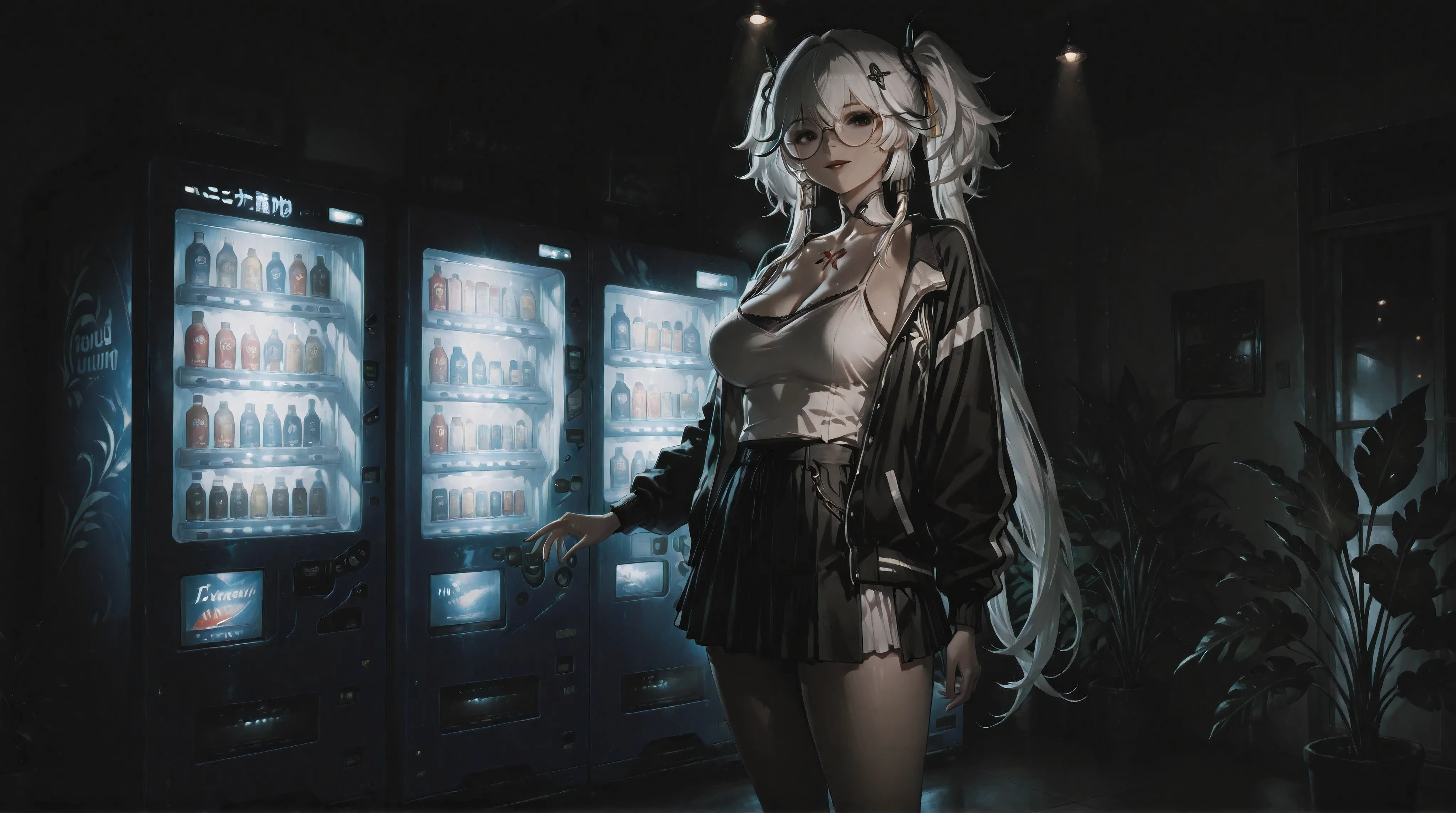 (NSFW:1.1), A Realistic image, extremely sharp focus, crisp details, high resolution, low light, cinematic, fashion photography, 4K, 8K. (correct anatomy and detailed hand). A wide angle shot, side view, a detailed, high quality rendering of camellya from Wuthering Waves. She wears beautiful, detailed round eyeglasses, she wears a white camisole, varsity jacket and miniskirt. She has a beautiful large breasts. She has a beautiful face details, a beautiful detailed black eyes, white hair, twintails, detailed hands, five fingers and a real human skin, her expression is happy and she looks at the viewer. At Store, She's standing in front of a vending machine, there's only one huge vending machine in the room, the room is decorated with so many plants, the room was dimly lit, dramatic cool soft light shines from the vending machine casting soft natural shadows, the only light comes from the vending machine, cold color pallete. the background has highest detail, detailed background and depth of field.