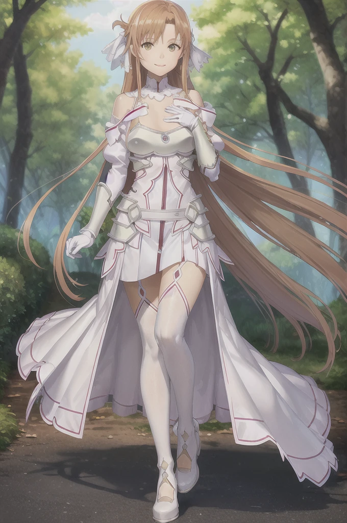 stacia, asuna, asuna_\(sao\), 1girl, (sexy pose:1.2), fantasy, highres, original, realistic, (excite), scenery, close_up, upper_body, (standing on a grass), smiling, solo, (potruding nipple:1.2), long hair, (huge breasts:1.0), looking at viewer, smile, open mouth, bangs ,detailed eyes, beautiful background, (on the forrest), hands on the chest, orange hair, thighhighs, gloves, dress, (cleavage:1.4), (grab tits:1.6), bare shoulders, brown eyes, very long hair, (full body:1.5), white gloves, white dress, (open chest:1.5), armor, white thighhighs, garter straps, breeze, white armor, abec
