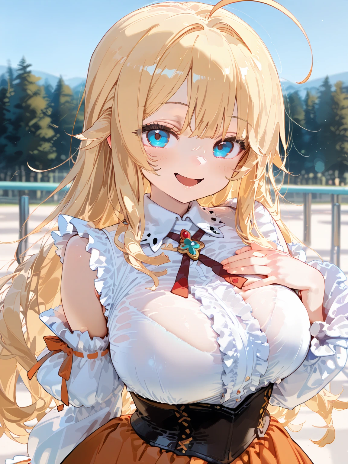Japan Anime Styles 2019,Masterpieces,Best Quality,Ultimate detailed illustration,Red tone illustration, BREAK, 1 beautiful girl, 1 beautiful girl, girl with, (Cute:1.5),(Chibi:0.5),(kawaii:2.0),(Lori:2.0),(12 year old girl),(large full breasts:1.65),(Ahoge,High Ponytail,Blonde hair, blue bow, Green eyes,eyebrows visible through hair,side locks,Parted bangs,Long hair, Hair Flower, Hair Ornament, Curly hair,Bow:1.4),:D,(Angel,White feathers, one white winged, Angel wings,Spread wings, Glowing wings),pitt \(??? Icarus\),gleaming skin, Clear skin, shining beautiful skin, Open mouth,Smile, Solo, tusk, Upper teeth,(long eyelashes, Double eyelids:1.2),Solo,gleaming skin, Clear skin, Beautiful skin,(best quality face),(Top quality glowing eyes),(The best smile,:D:1.45),
BREAK (White and light blue theme:1.5), ((elegant style, Gorgeous):1.2), ((Light blue princess dress with white fluffy fur, light blue hoop skirt):1.4), (Snowflake symbol print on dress:1.4), ((Strapless, Bare shoulders):1.3), (very precise embroidery:1.3), (fluffy fur:1.3), (necklace made of countless gemstones:1.2), (high-heels:1.1),
BREAK
(Red flower ornament:1.2),
BREAK, 鎖骨,Hair intake, Hand up, Navel, Parted lips, Solo, Stomach,architecture, Blue sky, (autumn forest:1.2), wooden building, Koyasanji Temple, balconies, Blue sky, crystal clear skies, Blurry background, longshot, Standing, Sunset, thighs thighs thighs thighs, \(Fate\), Twilight,Happy,Laugh,blush,Opened mouth,Beautiful sunset,Twilight,Backlighting,Waterfall,depth of fields,