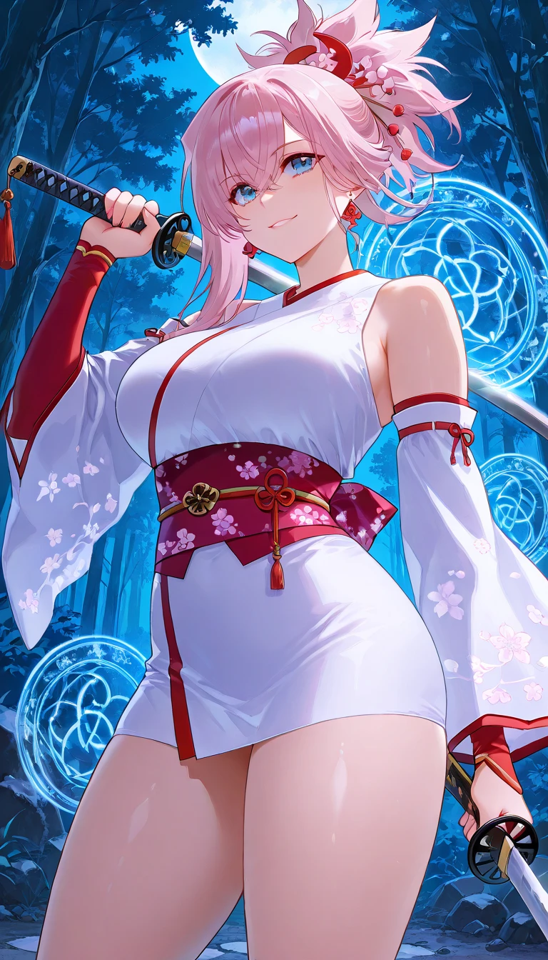 score_9 , score_8_up , score_7_up , source_anime , miyamotomubandi ,  , miyamoto mubandi , asymmetric hair , blue eyes , earrings , hair ornament without jacket , pink hair from 2nd floor , ponytail , side lock , smile , Bare shoulders , blue object , detachable sleeves , Elbow sleeve ,  Japanese Clothes , object , heart , band , sleeveless , sleeveless object , Outdoors , forest , nature , sword , holding sword , Satu Pose , big breasts, thighs, The crooked cowboy is shooting at the audience, indoor, magic circle, abandoned building, very detailed from below si, Super Detail, Official Art, professional lighting, masterpiece ,最high quality, high quality, very beautiful ,newest,