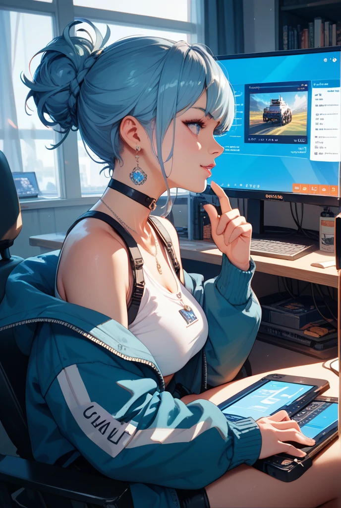 Screen breakthrough　Gnocchi, half body inside the monitor　pops out of the monitor screen　fiction　