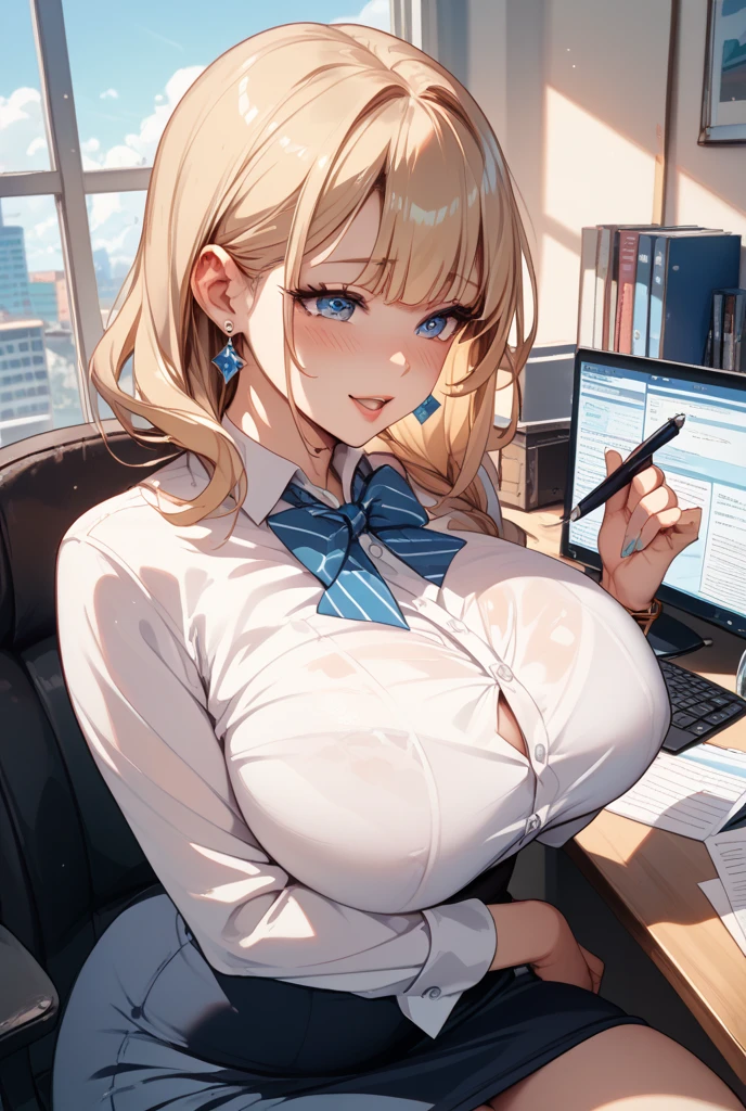 20 year old female、very pretty、OL、While working in the office、Front facing、Close-up、(big breasts、cleavage)、(official art、highest quality、unity 8k wallpaper、32K、masterpiece、Super detailed、ultra high resolution、realistic、Photoreal:1.2)、(cinematic lighting:1.2)、best shadow、rim lighting、side light、(Highly detailed and complex 3D rendering)、computer、bright hair color、(shot from above:1.2), cowboy shot、smile, white shirt、Tight Skirt