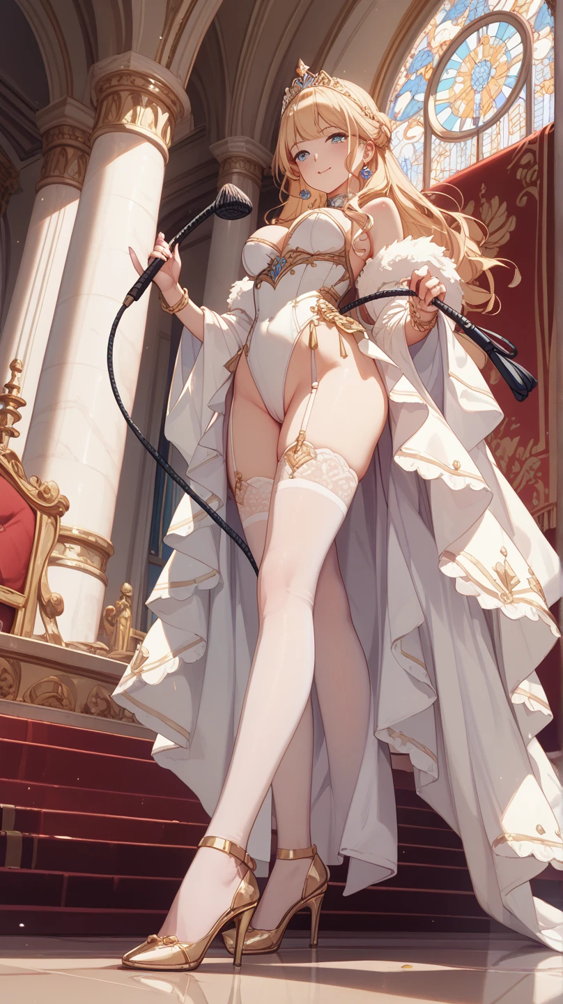 actual, 1 girl, black hair, yellow eyes, Long slit thigh formal white dress, white high heels, trumpet, blush, background grand throne room