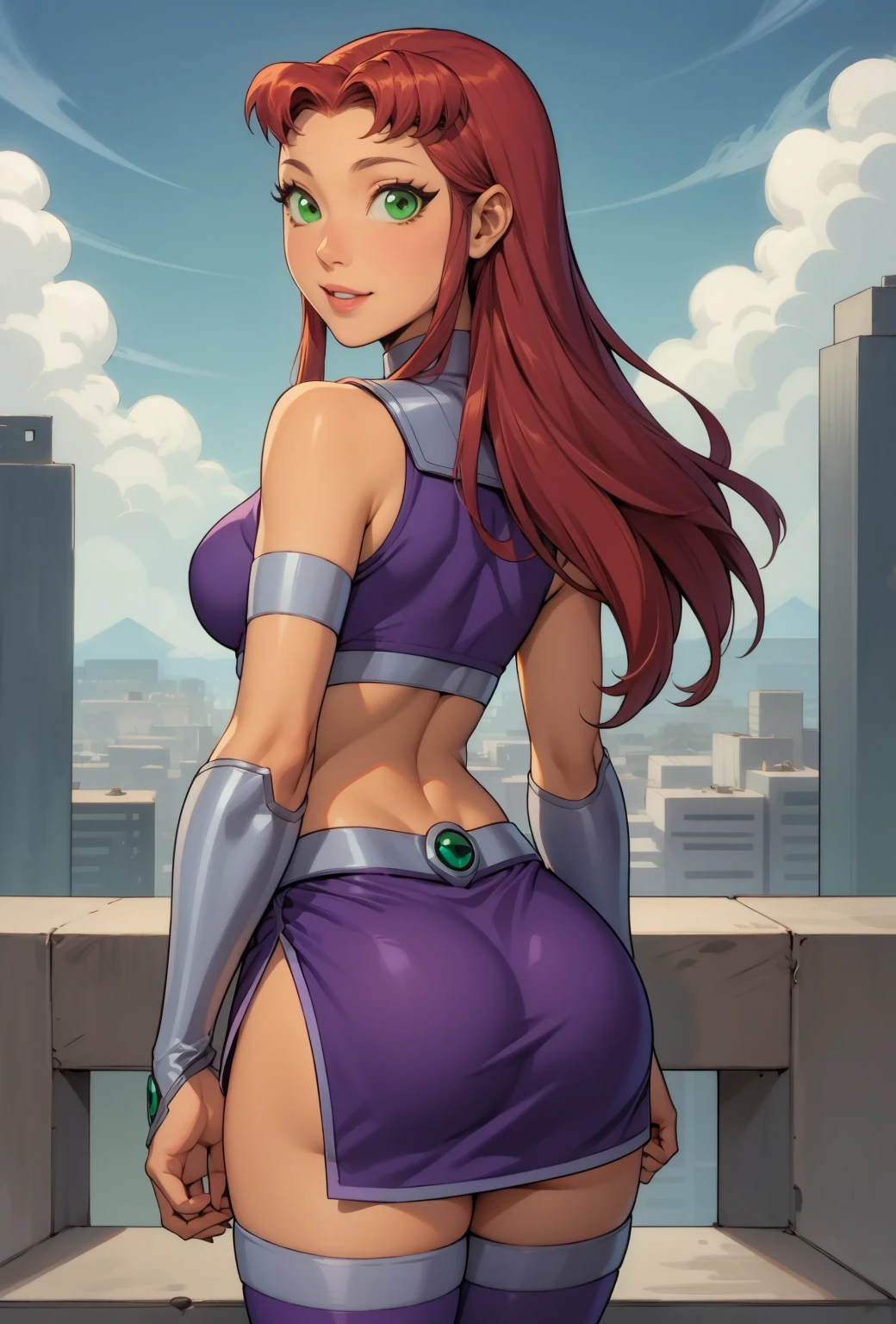 ((ultra quality)), ((Masterpiece)), Starfire, ((dark red hair)), (Beautiful face), (beautiful female lips), (), charming, ((Innocent expression)), looking at the camera smiling softly, eyes closed a little, (dark skin color), (dark skin), glare on the body, ((detailed beautiful female eyes)), ((Green eyes)), (juicy female lips), (), (beautiful female hands), ((Ideal female figure)), Ideal female body, beautiful waist, beautiful hips, small breasts, ((subtle and beautiful)), stands temptingly () background: on a tall building night city, ((depth of field)), ((high quality clear image)), (clear details), ((High detail)), realistically, professional photo session, ((Clear Focus)),nsfw, smile, looking at camera,