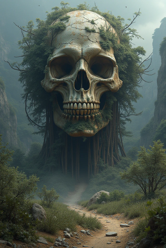 (Best image quality, 4K, 8K, high resolution, masterpiece: 1.2), Extremely detailed, Practical: 1.37, Metal skull head close-up, An altar made of abstract twisted tree roots,Pulling a very large (Mysterious skull made of metal), Glowing eyes, There's a creepy waterfall above the skull, (rainbow, rainbow around the skull), Energetic, The circular composition demonstrates the role of various structural forces, Solitary, (Steampunk decorative elements, gear, and other elements). pointer, Chain wonderful decoration combination,