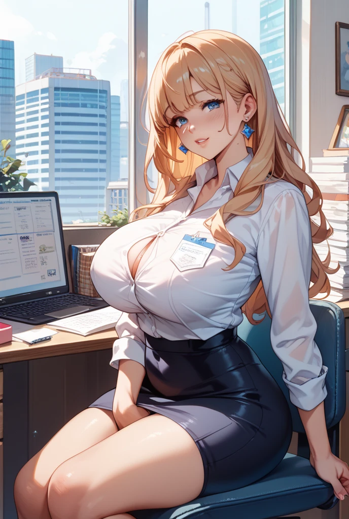 1 country president girl, anime style, interview, young, leader, light smile, big breasts, blonde, pubic hair,